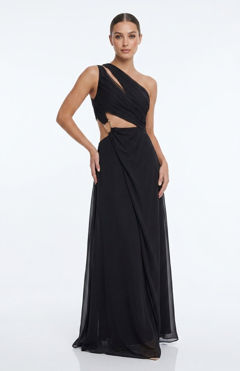 Vestido un hombro y cout out en cintura negro