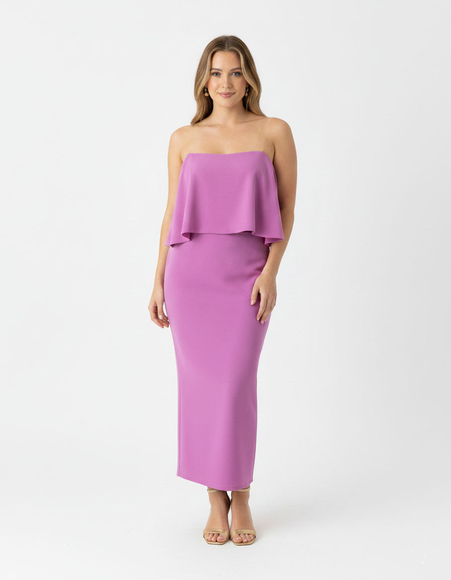 Vestido talle volante midi rosa