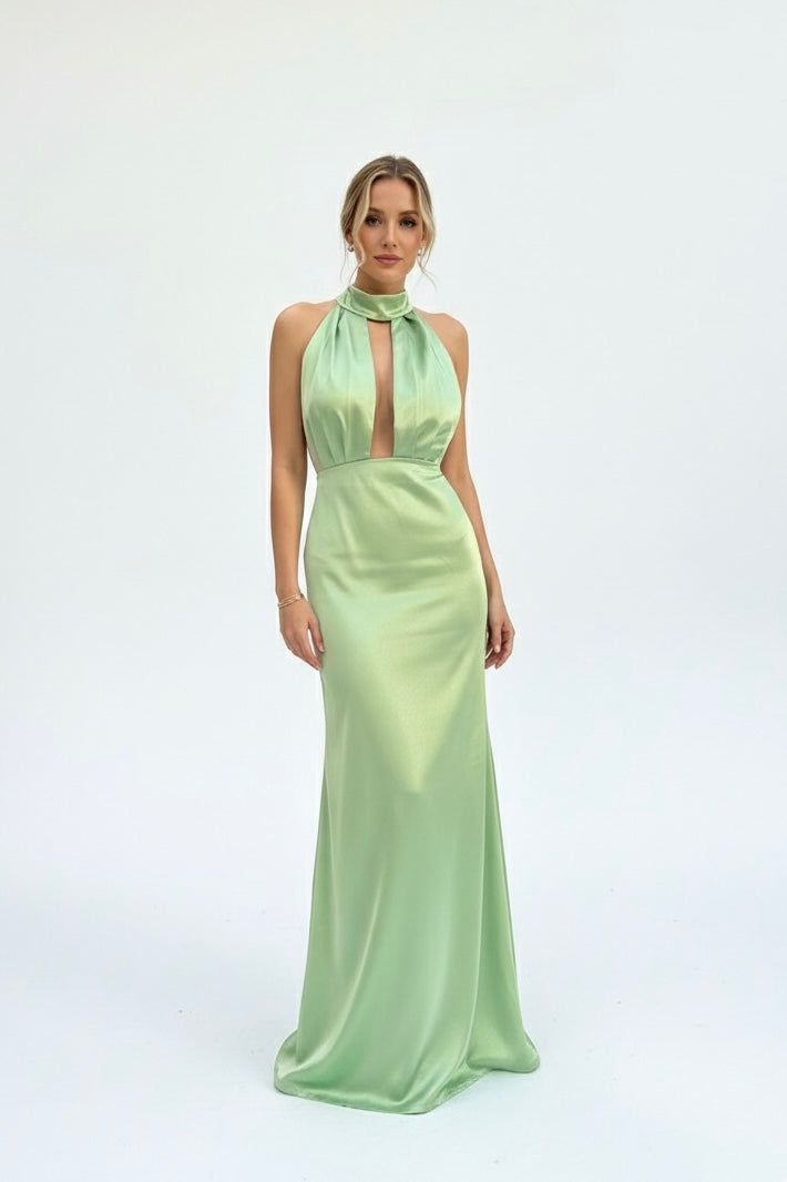 Vestido halter satén pistache