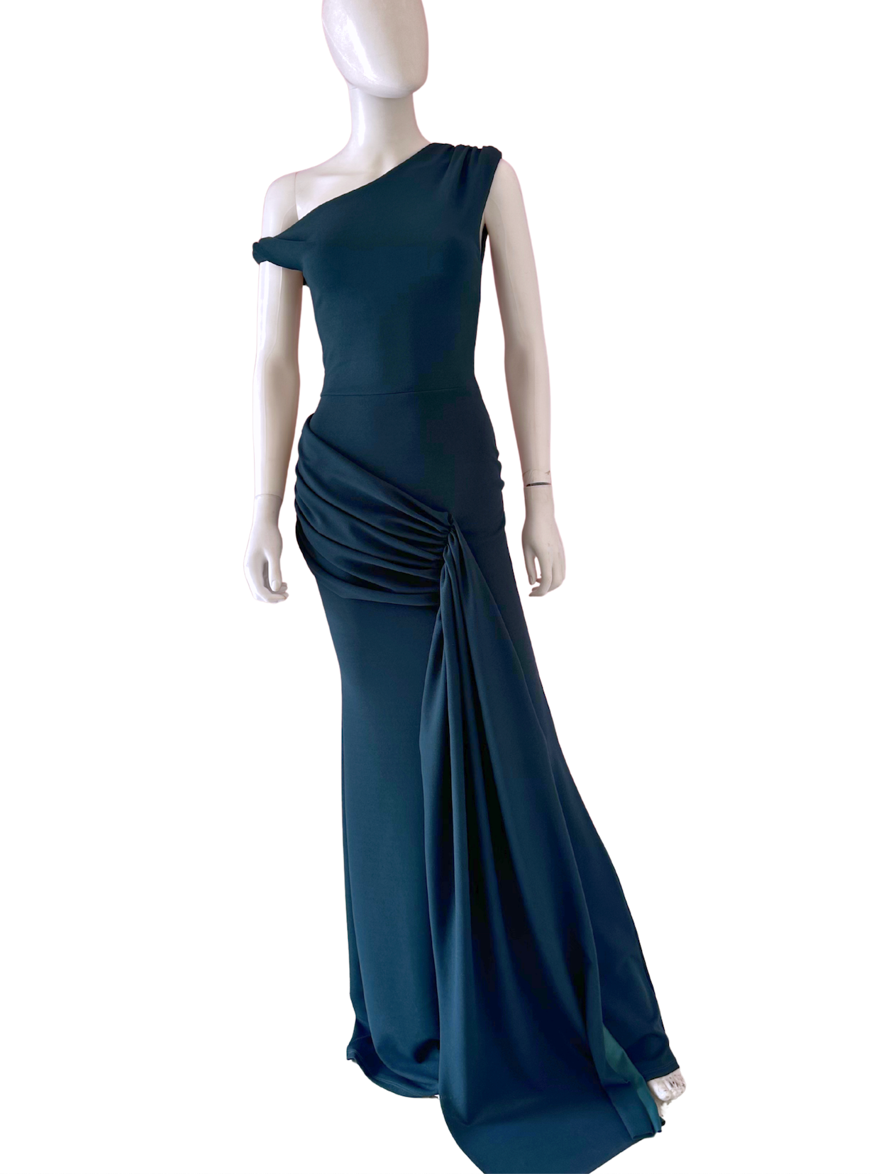 Vestido hombro caído plisado verde botella