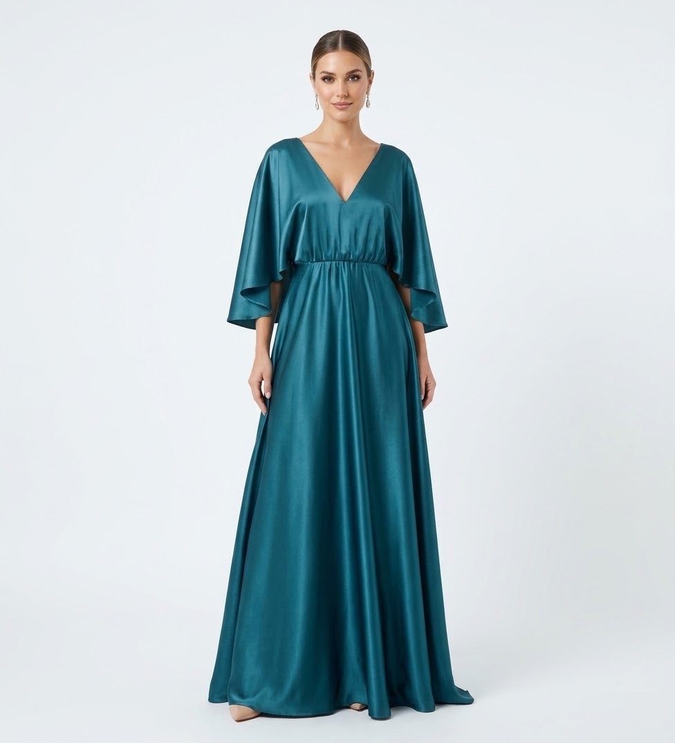 Vestido mangas mariposa azul petróleo