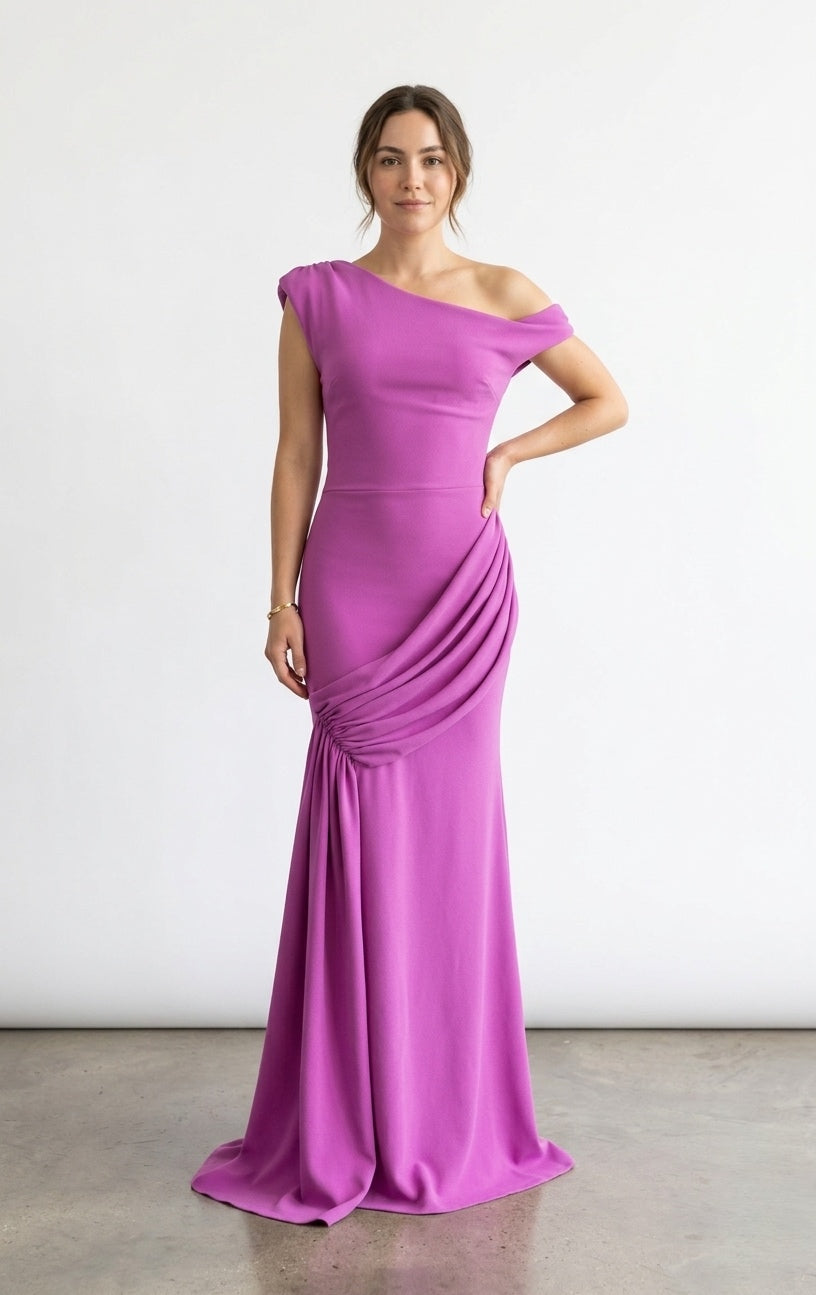 Vestido hombro caído plisado morado rosado