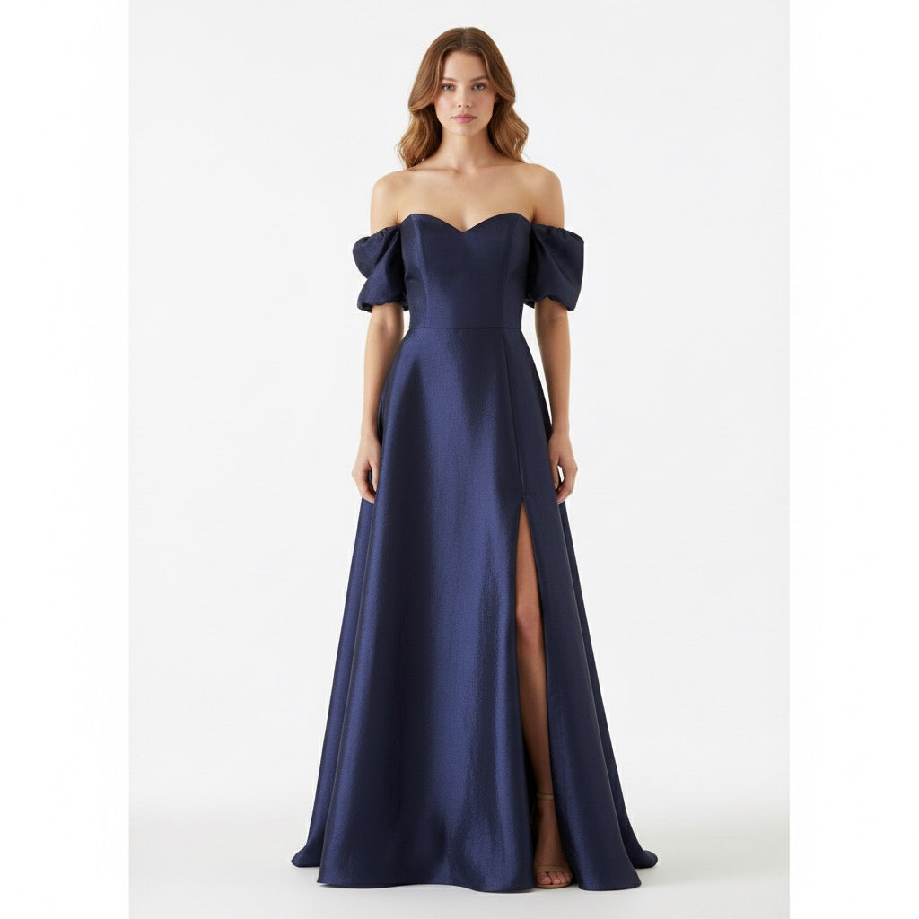 Vestido mangas globo falda amplia azul marino