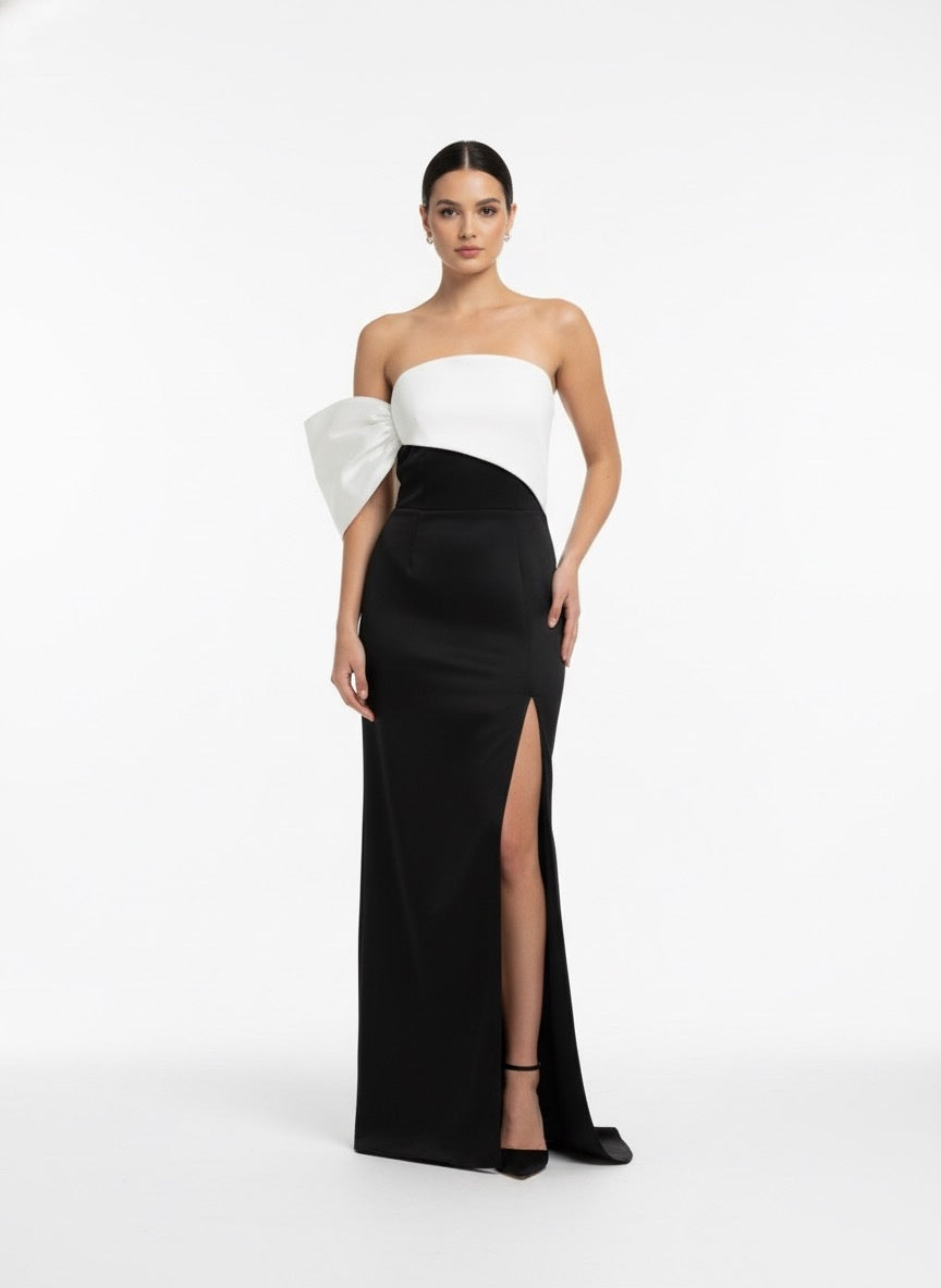 Vestido moño en un brazo negro ivory