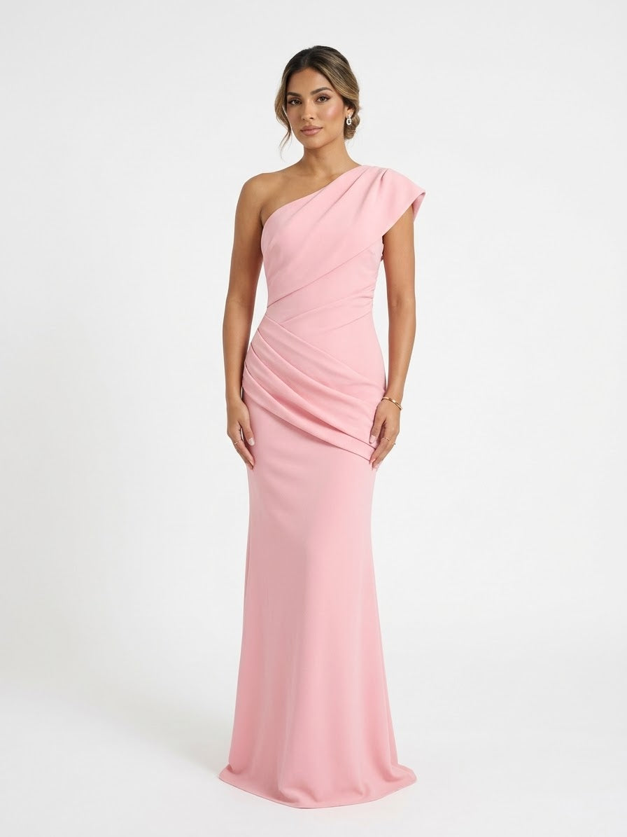 Vestido plisado en cadera y manga rosa palo