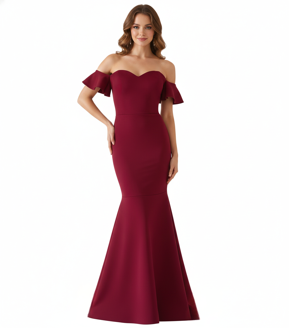 Vestido manguita olán sirena rojo quemado.