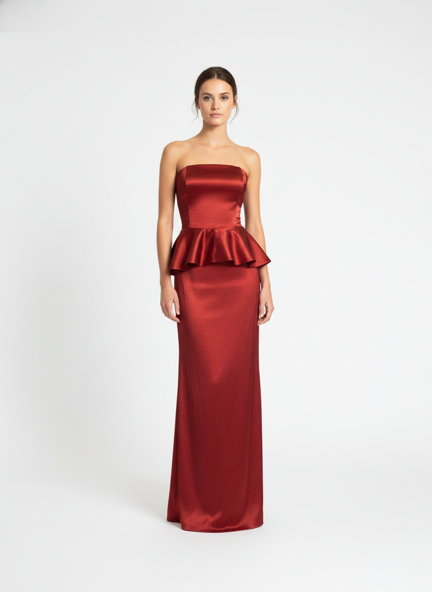Vestido peplum straples rojo quemado.