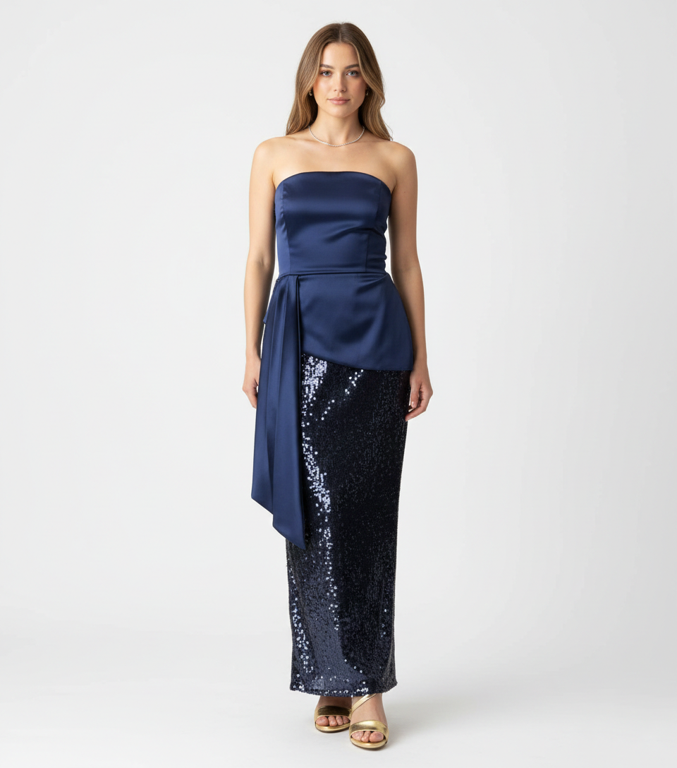 Vestido strapless falda lentejuela azul M