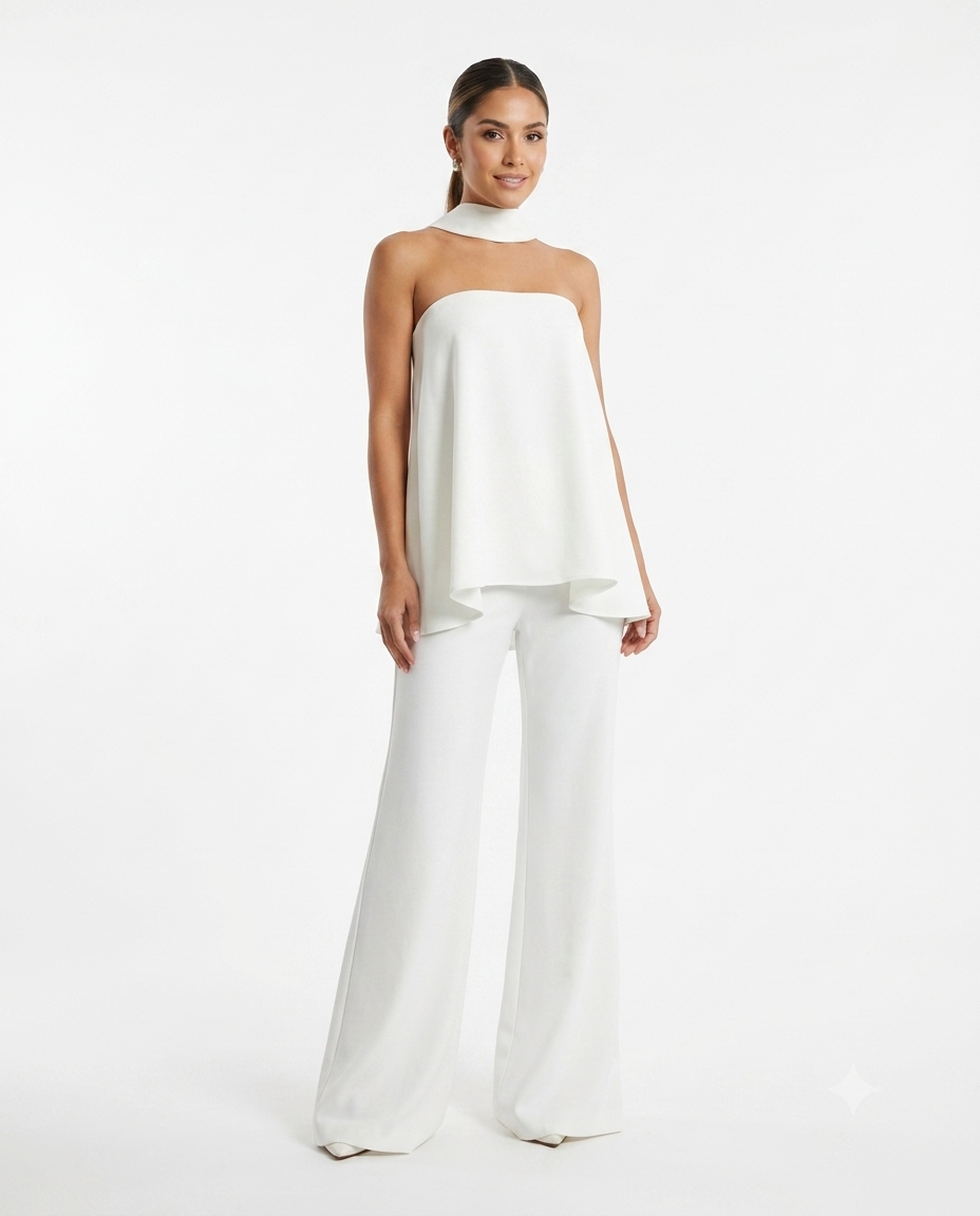 Palazzo volante en talle y cinta en cuello ivory.
