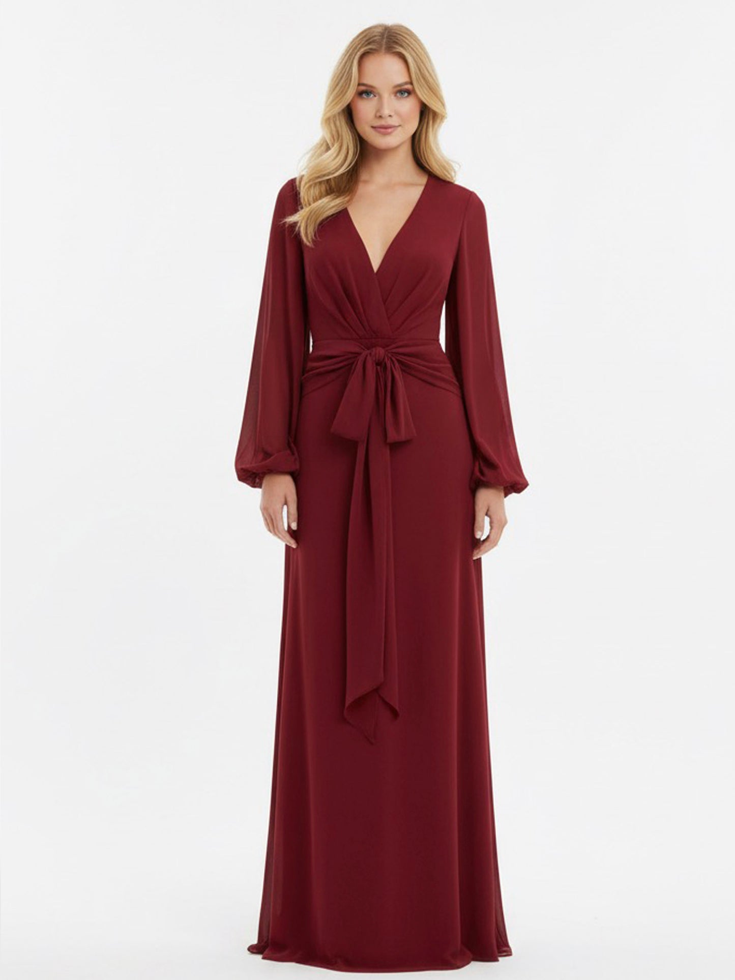 Vestido manga larga nudo en cintura tinto