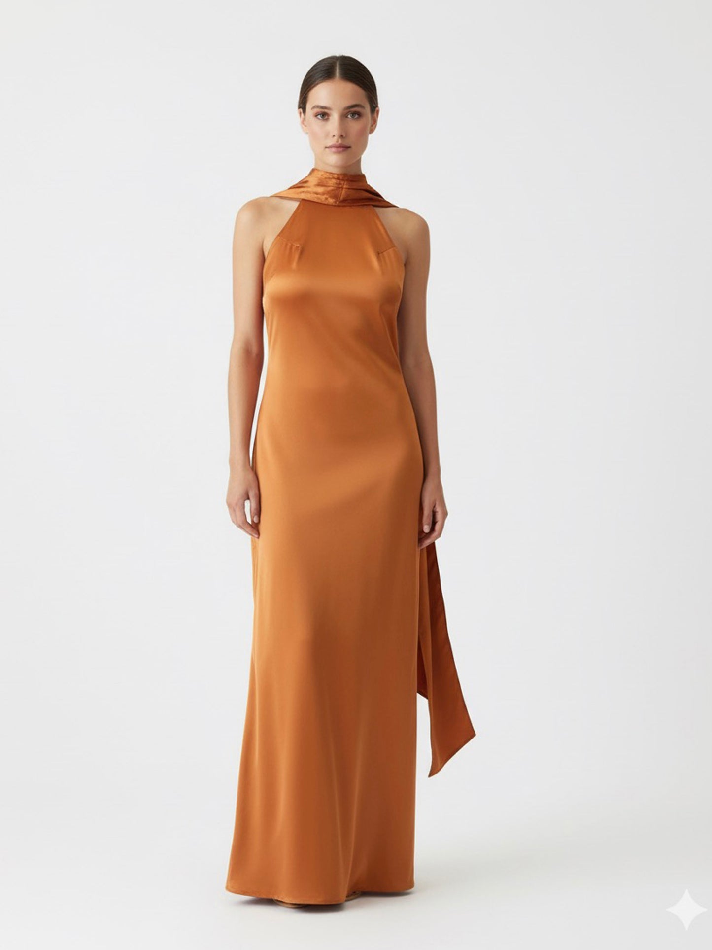 Vestido halter satén capa chedrón