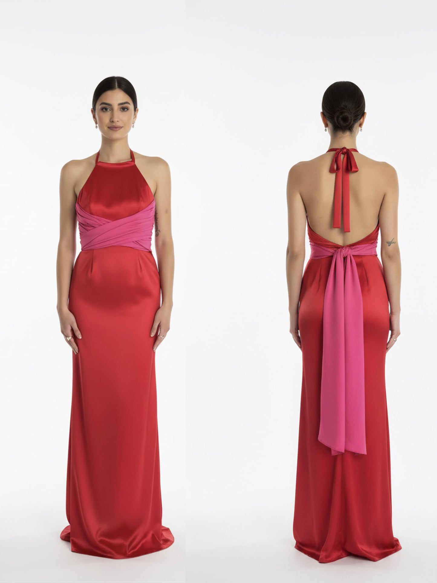 Vestido multi forma halter rojo con rosa.