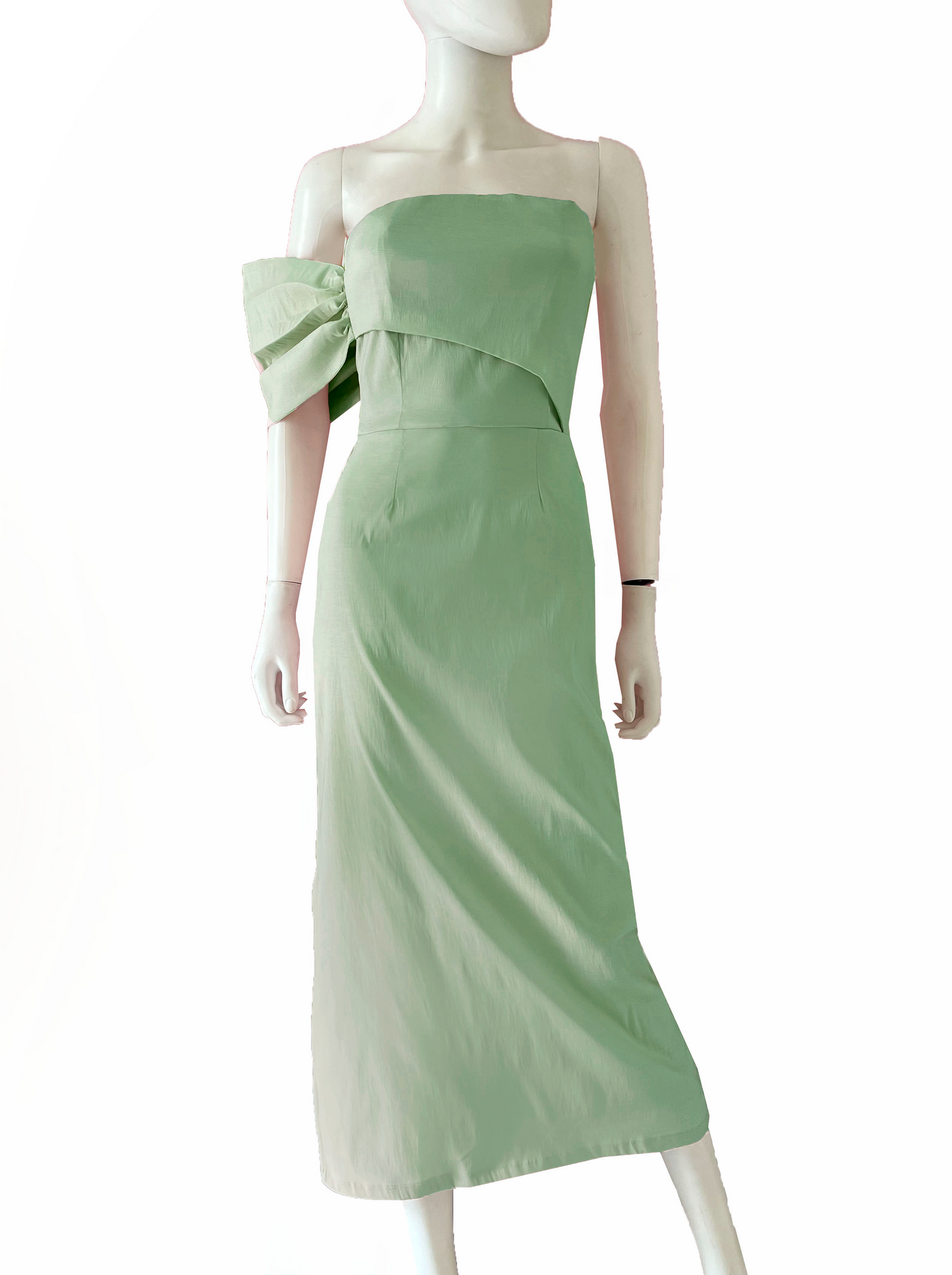 Vestido moño en brazo falda recta pistache