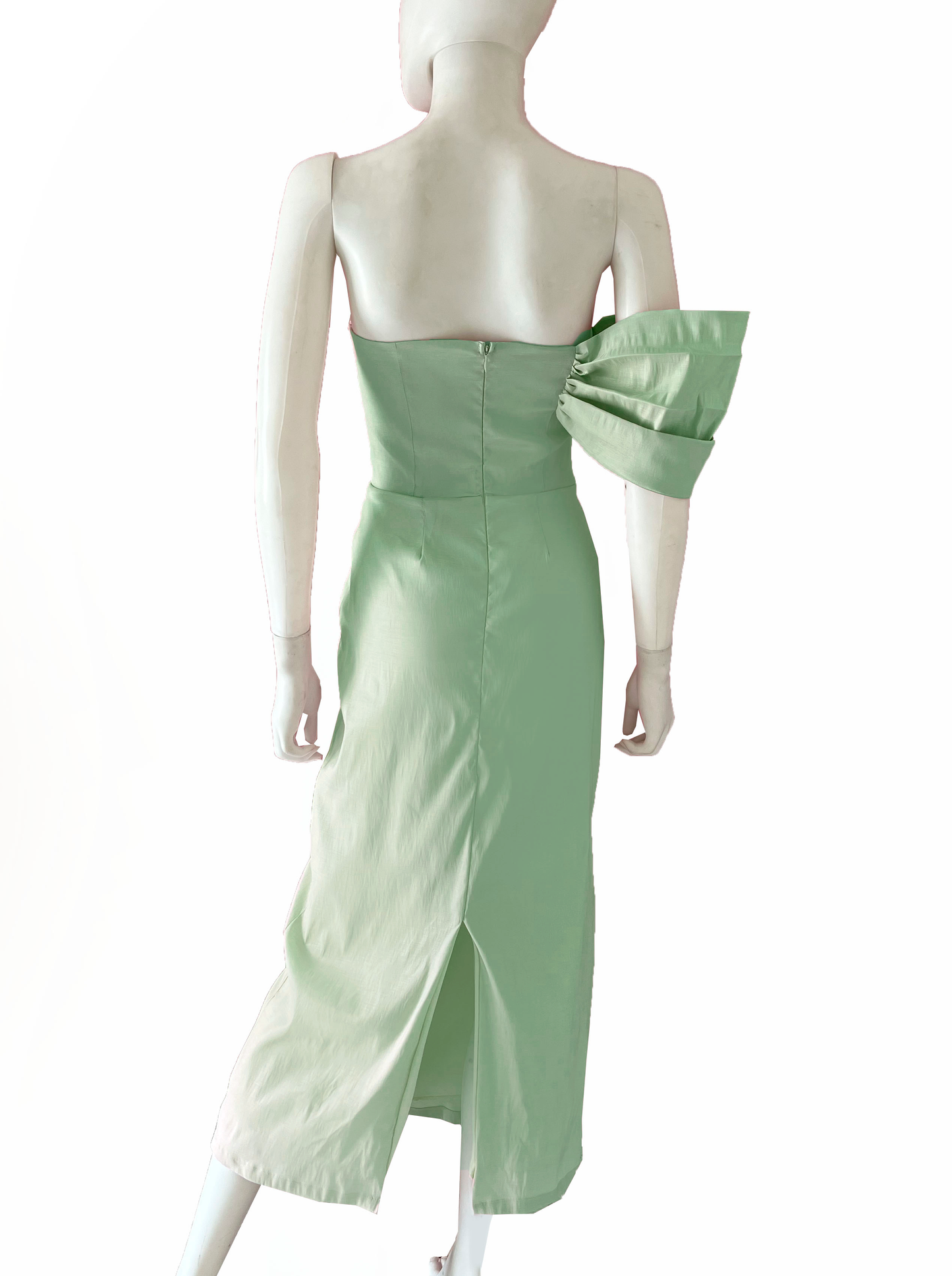 Vestido moño en brazo falda recta pistache