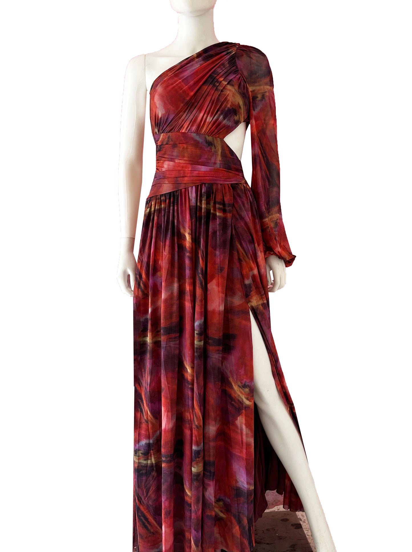 Vestido estampado una manga tonos rojos