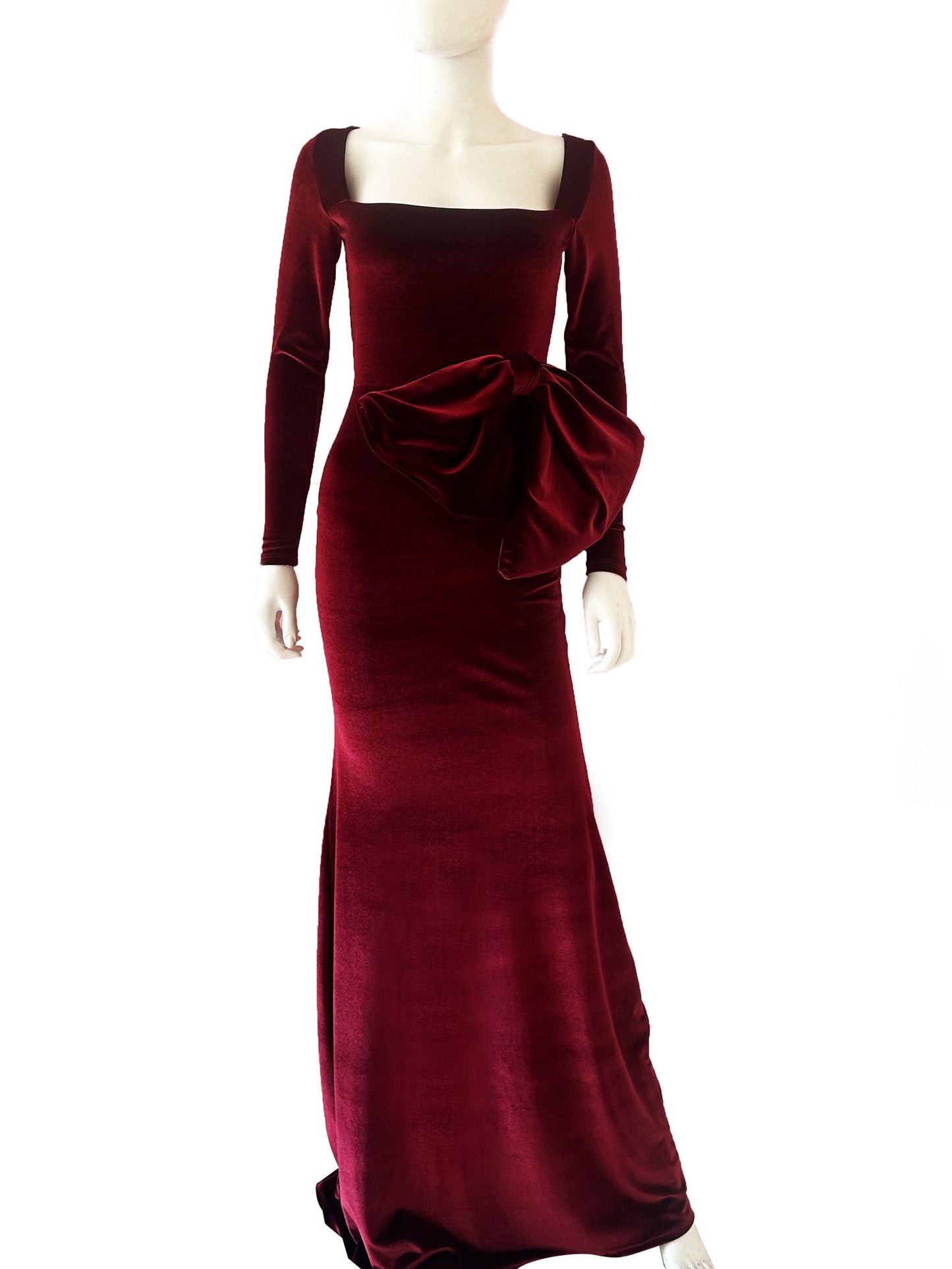 Vestido velvet moño escote cuadro tinto