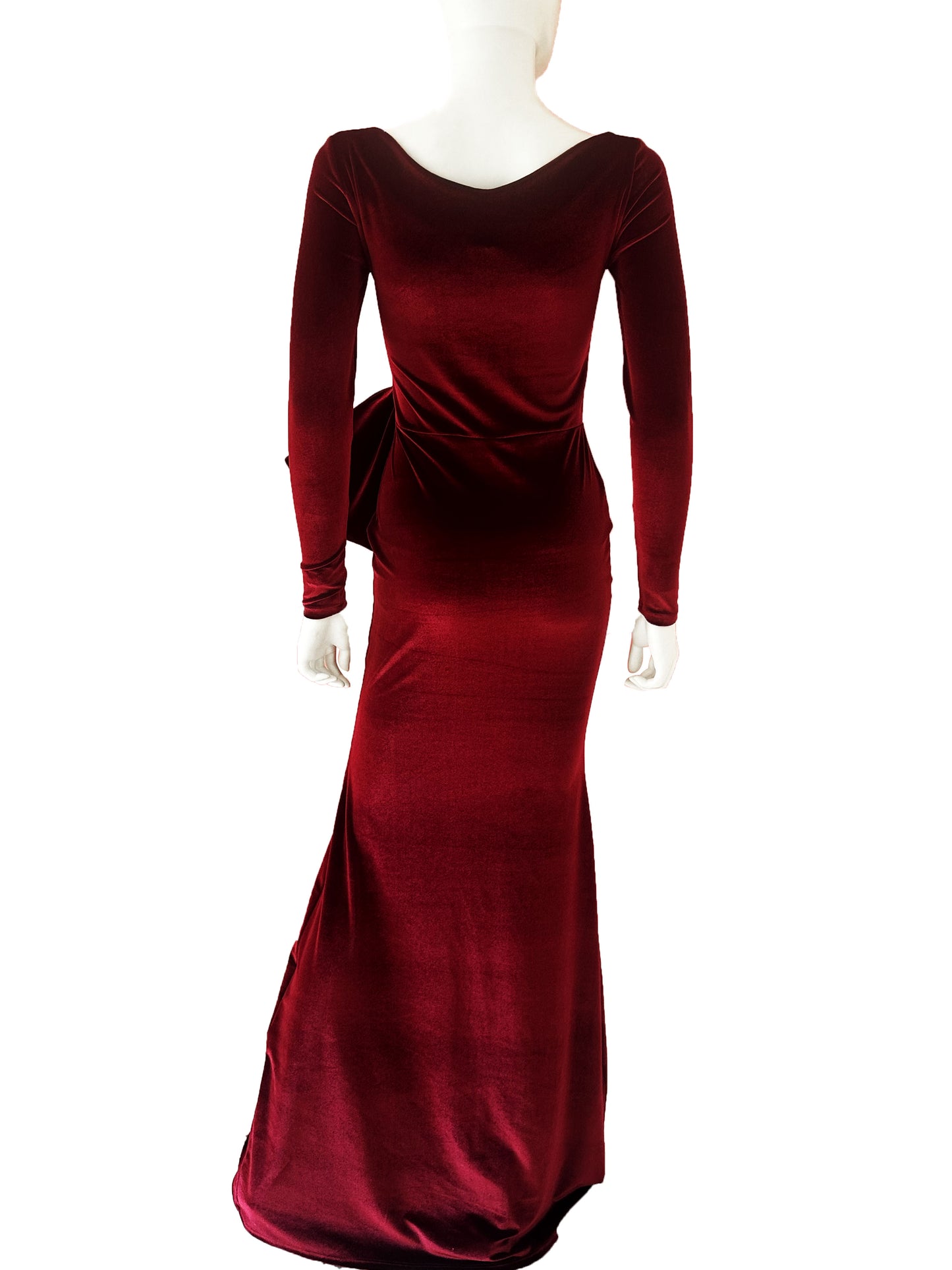 Vestido velvet moño escote cuadro tinto