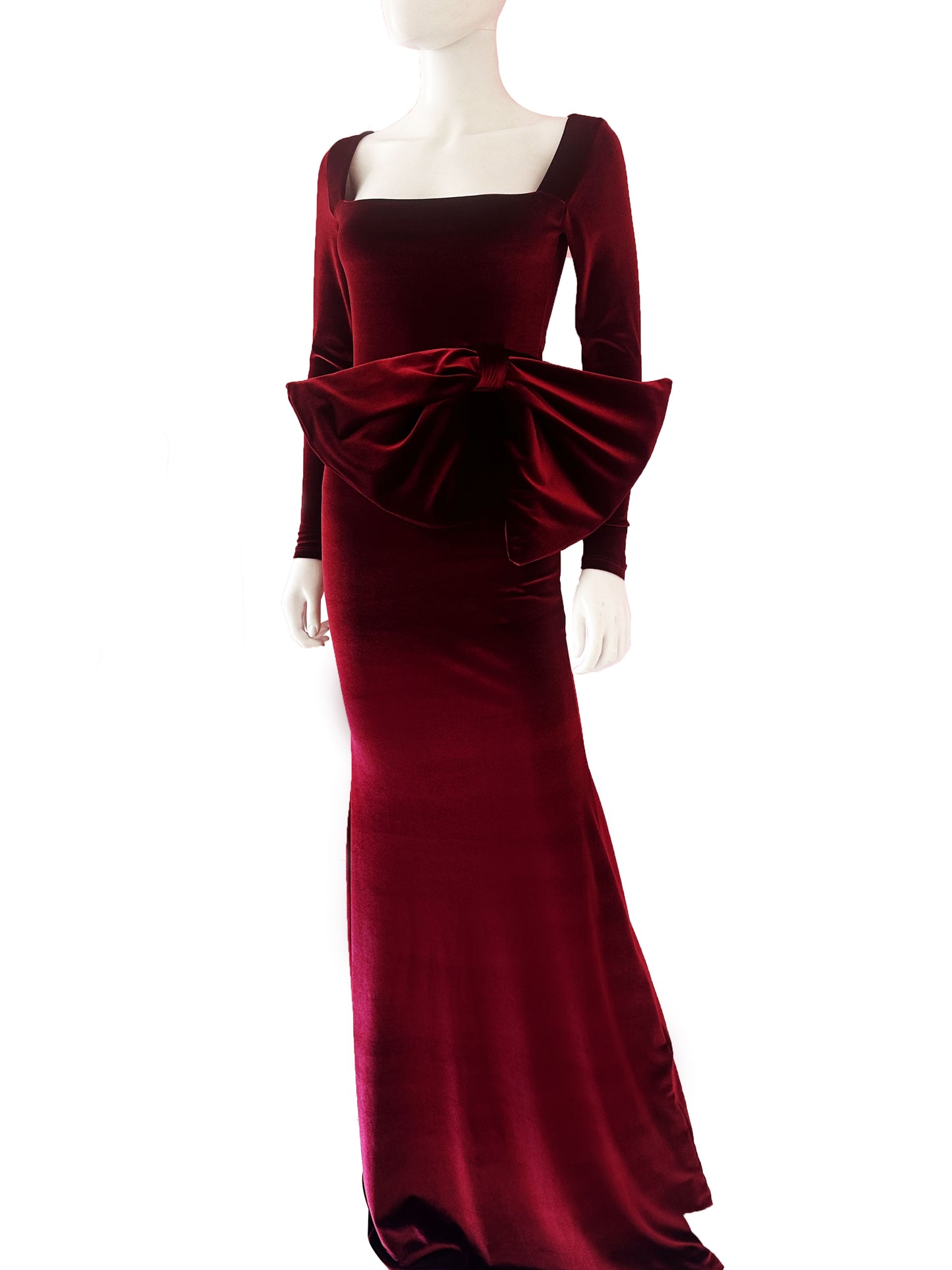 Vestido velvet moño escote cuadro tinto