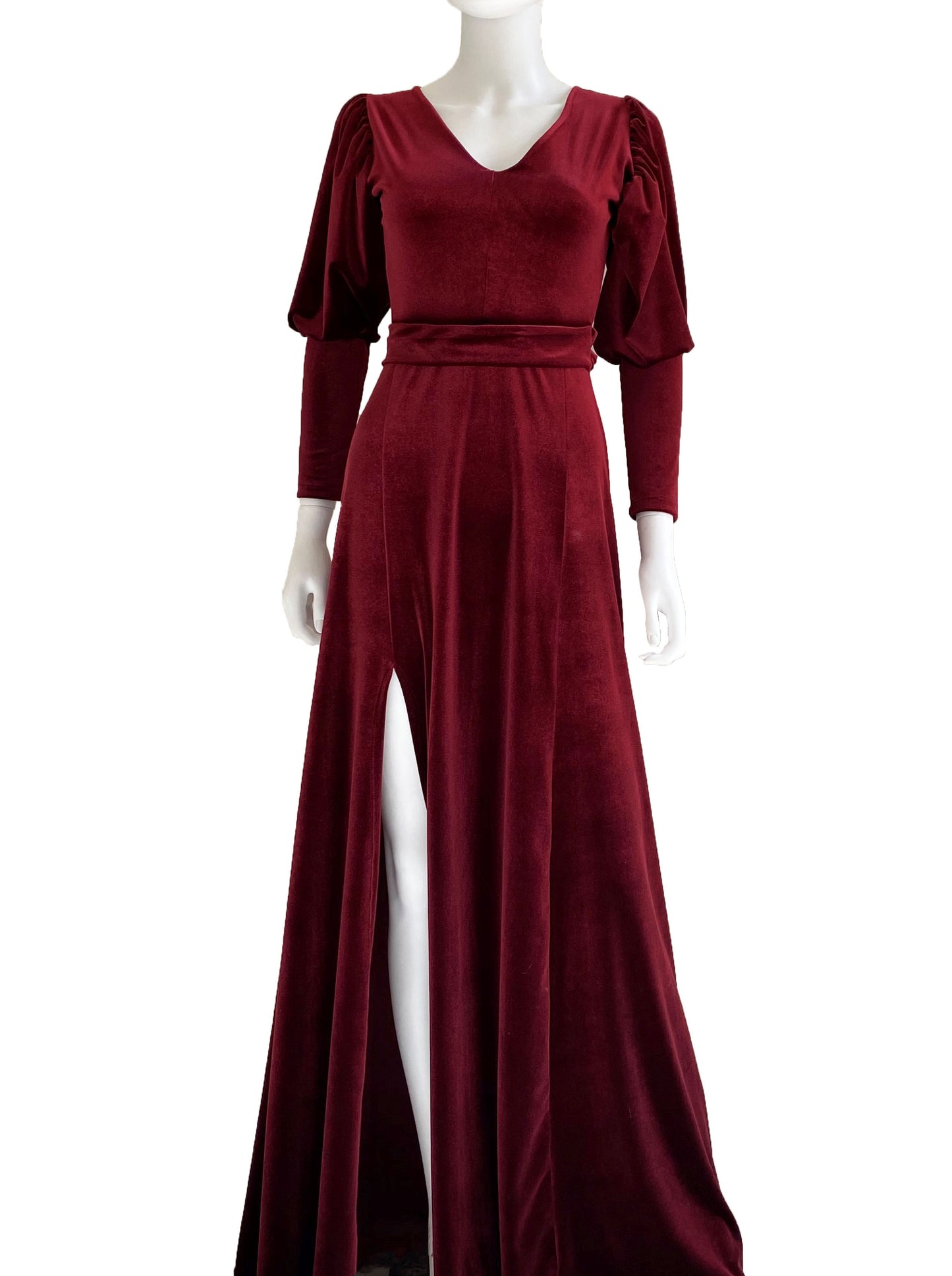 Vestido velvet manga globo tinto.