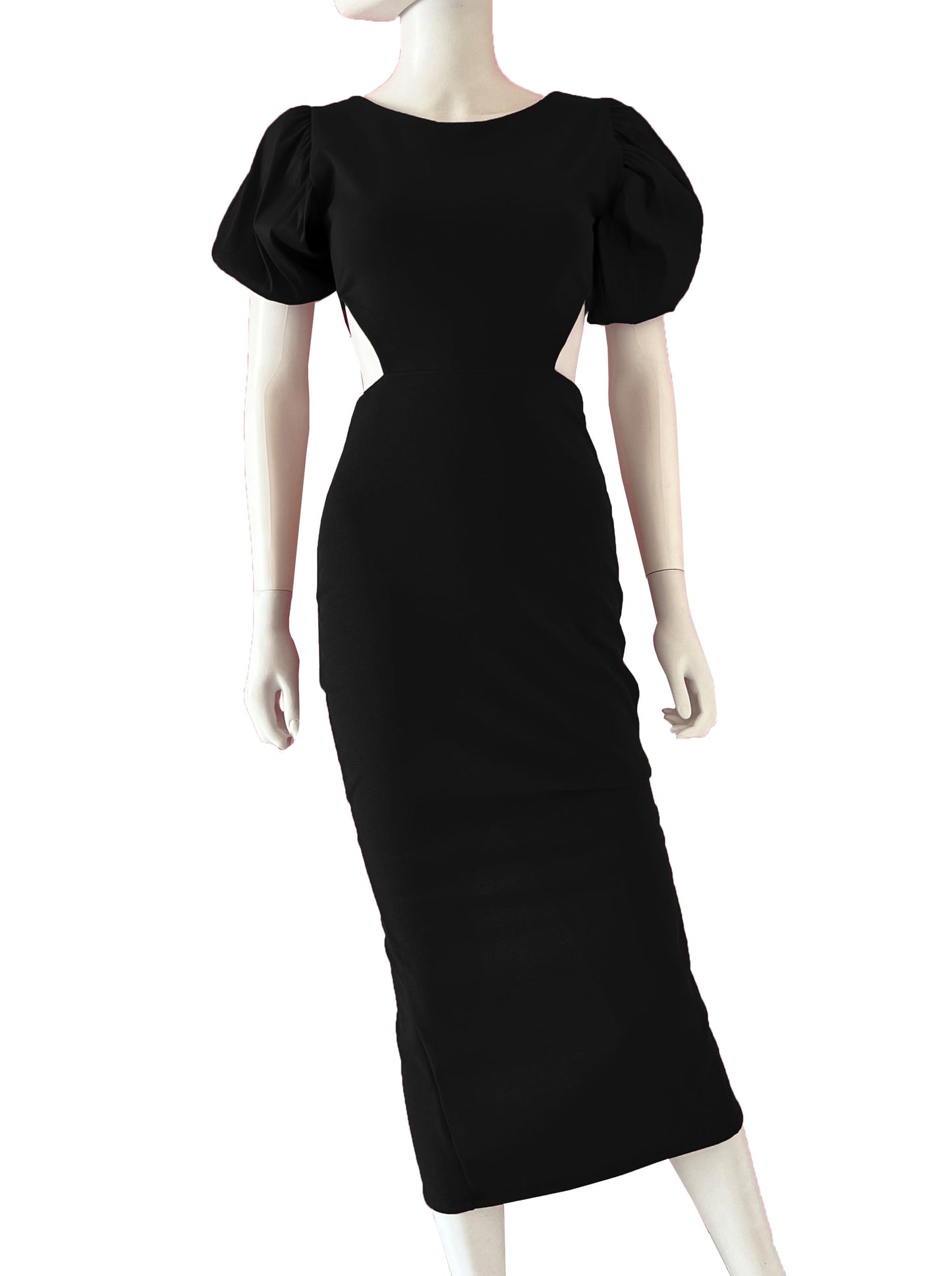Vestido cortes manga globo negro.