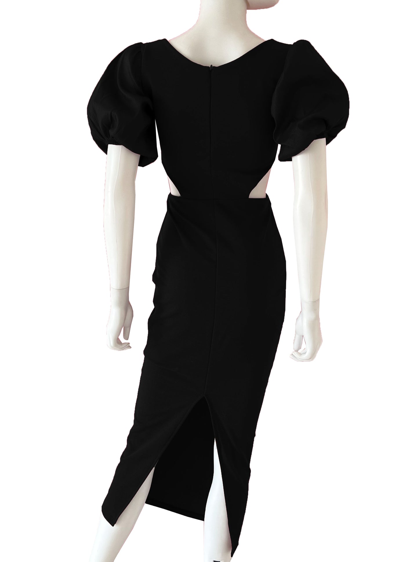 Vestido cortes manga globo negro.
