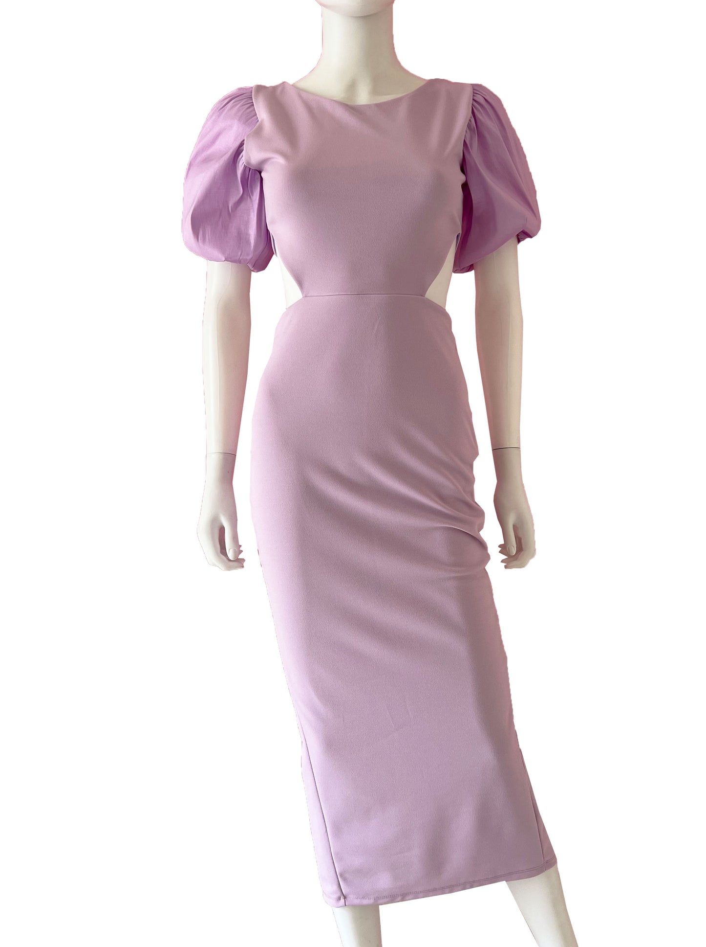 Vestido cortes manga globo lavanda .