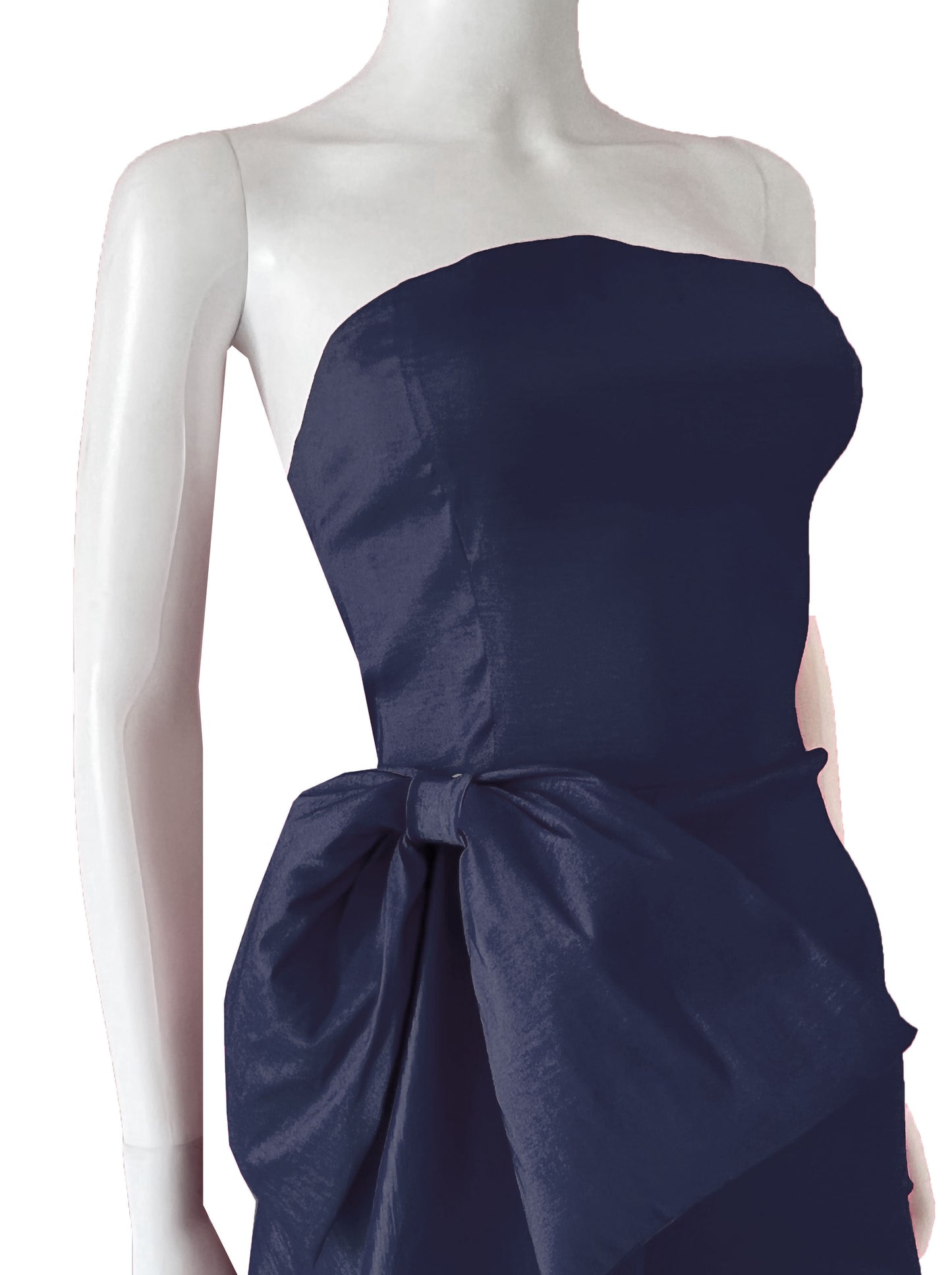 Vestido cauda lateral con moño azul marino.
