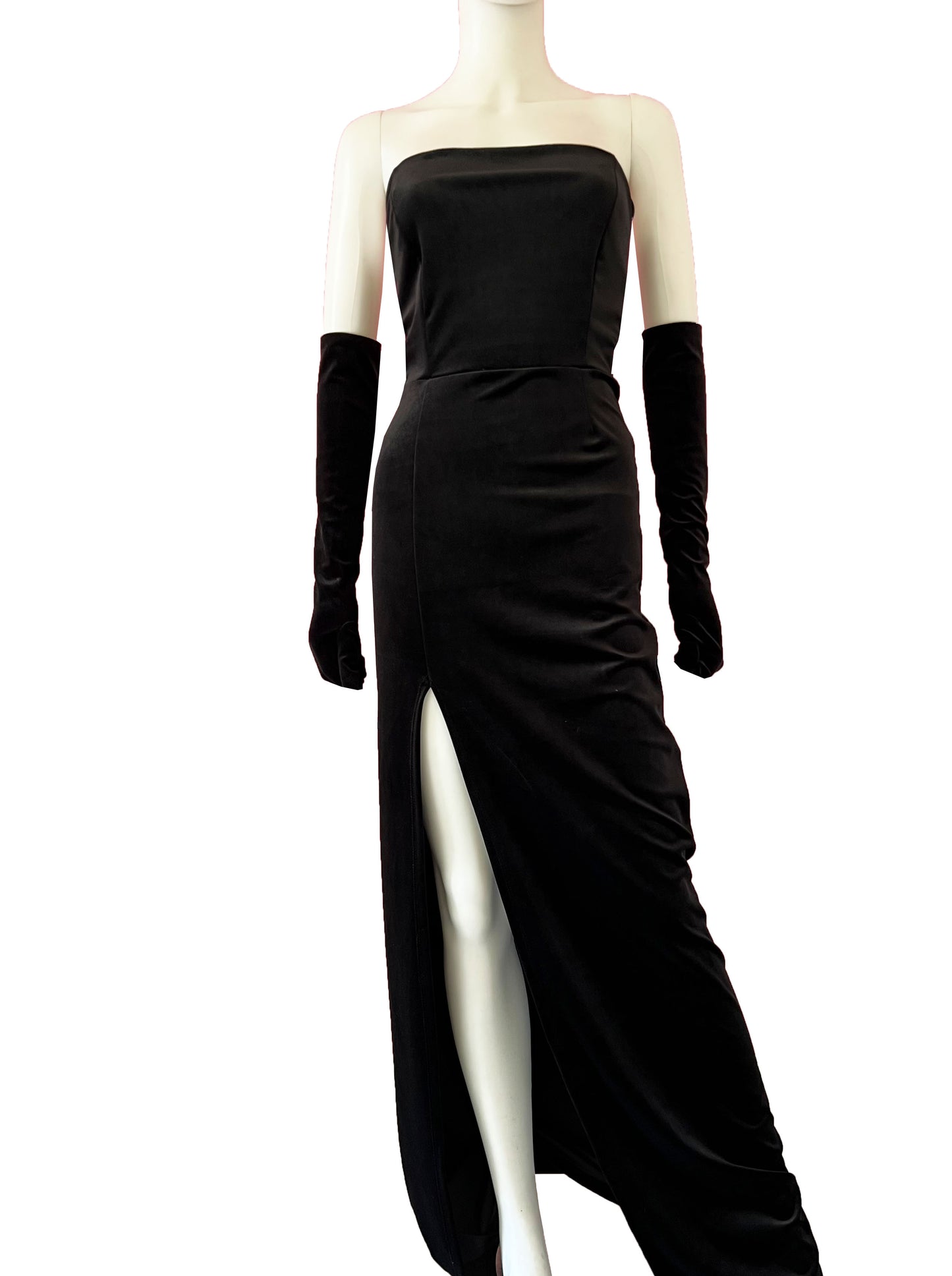 Vestido velvet guantes negro.