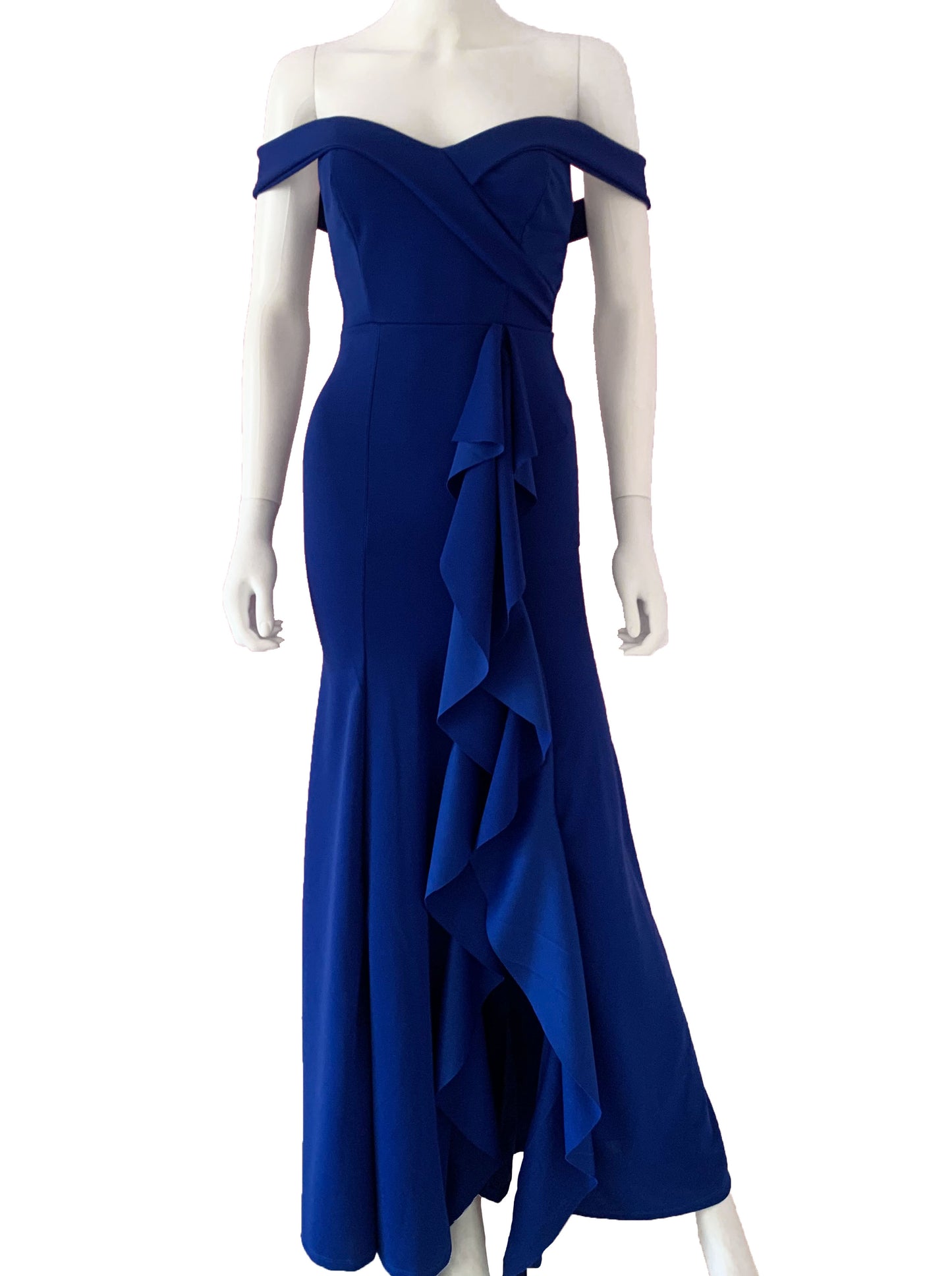 Vestido manguitas volantes al frente azul rey.