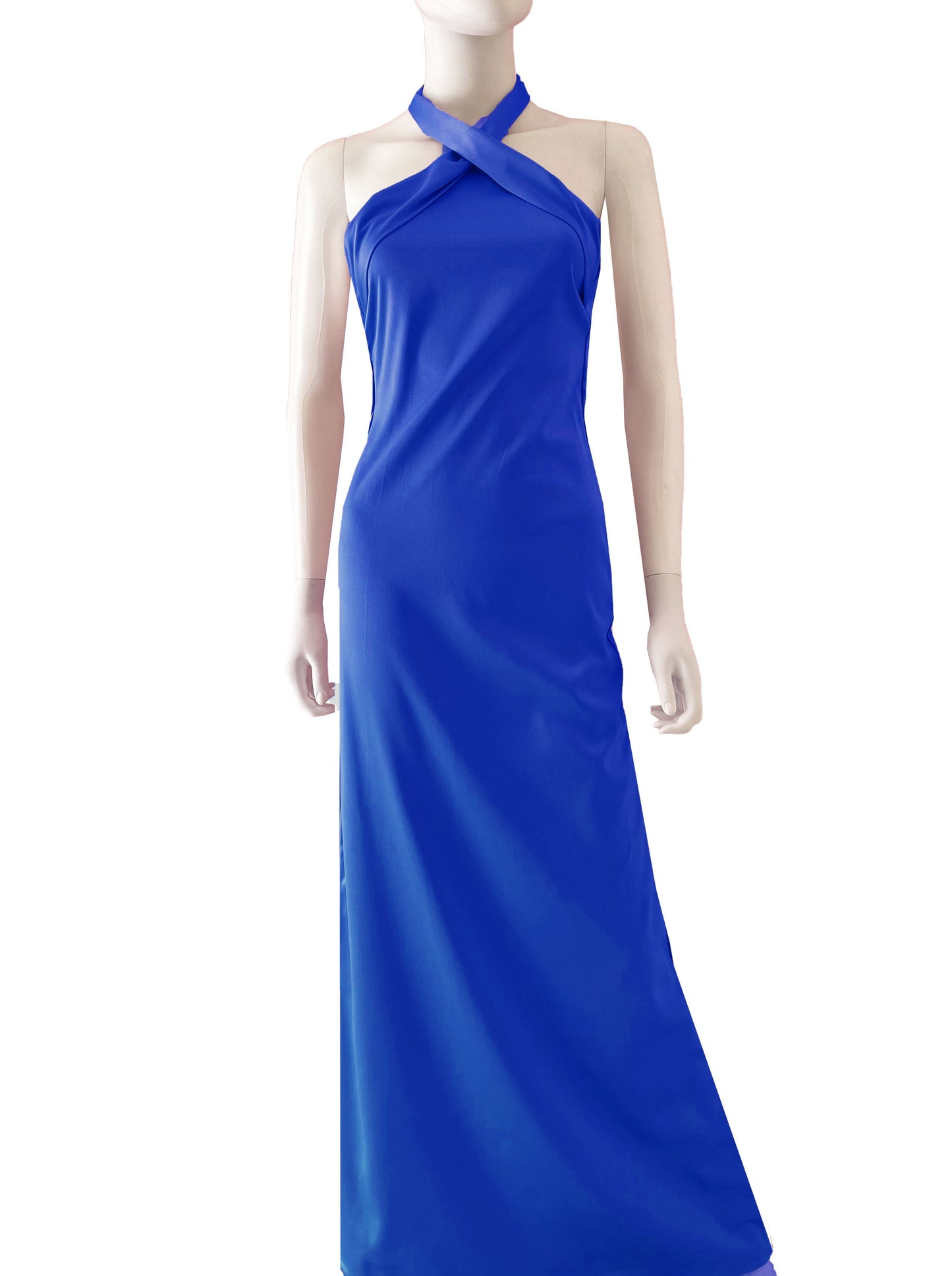 Vestido halter satén azul rey.