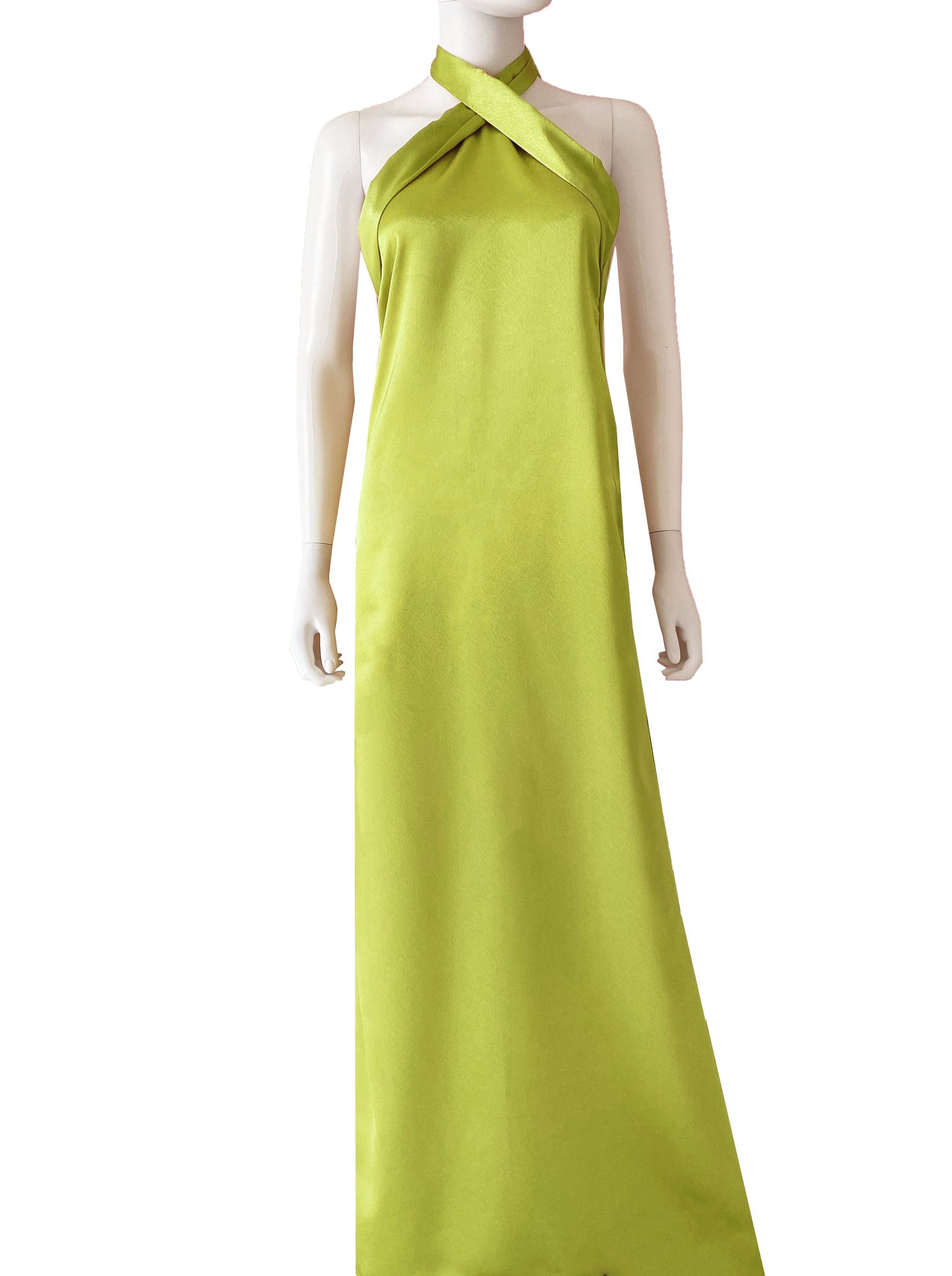 Vestido halter satén verde limón.