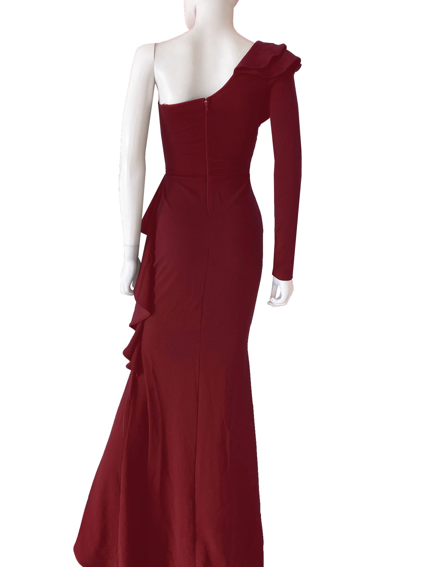 Vestido una manga con volantes tinto.