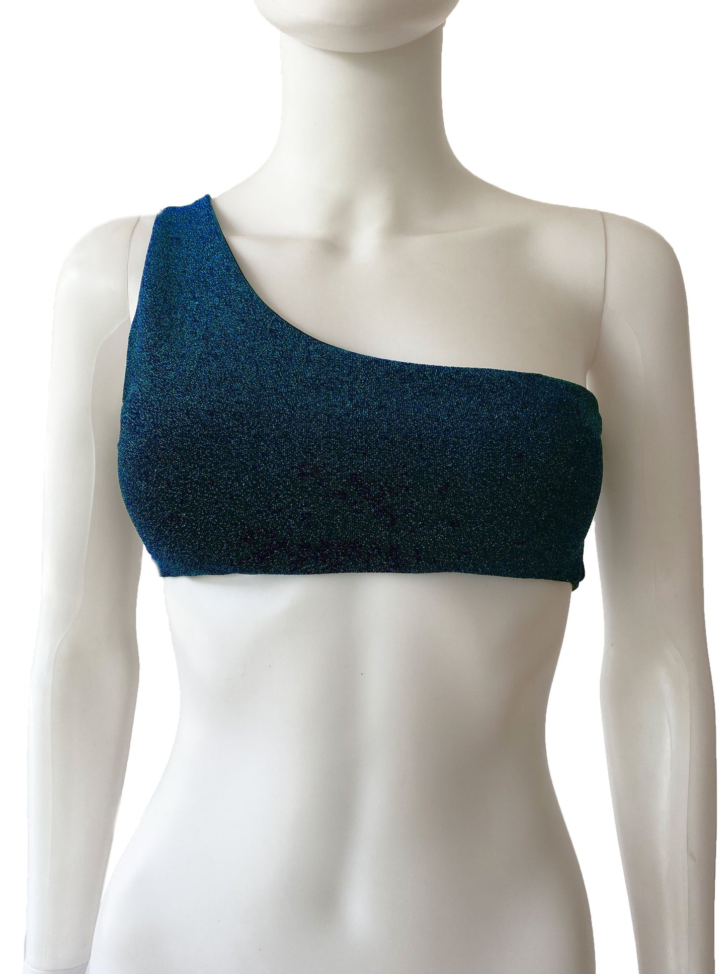 Top bikini un hombro glitter azul.