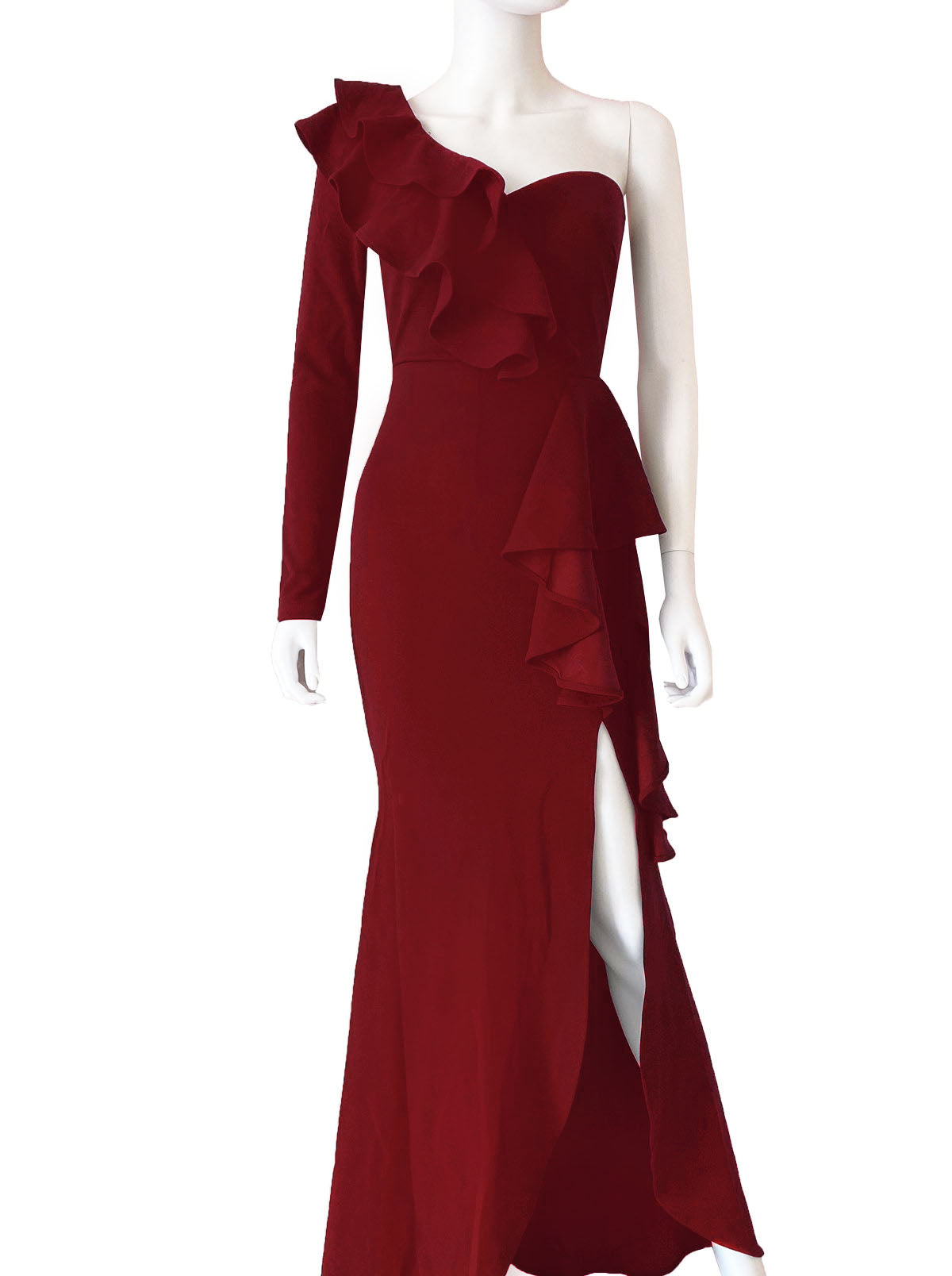 Vestido una manga con volantes tinto.