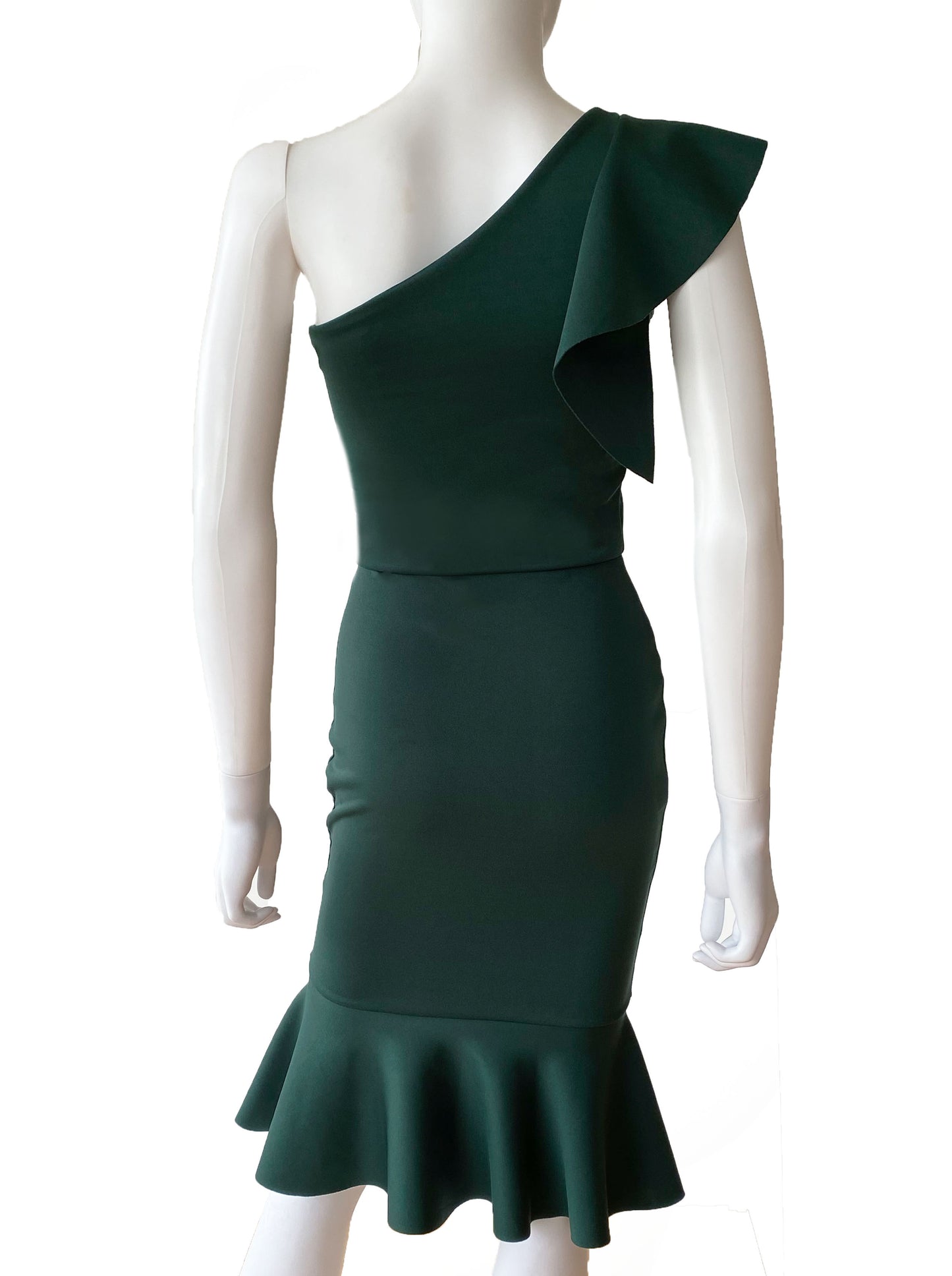Vestido olán en hombro midi verde botella.