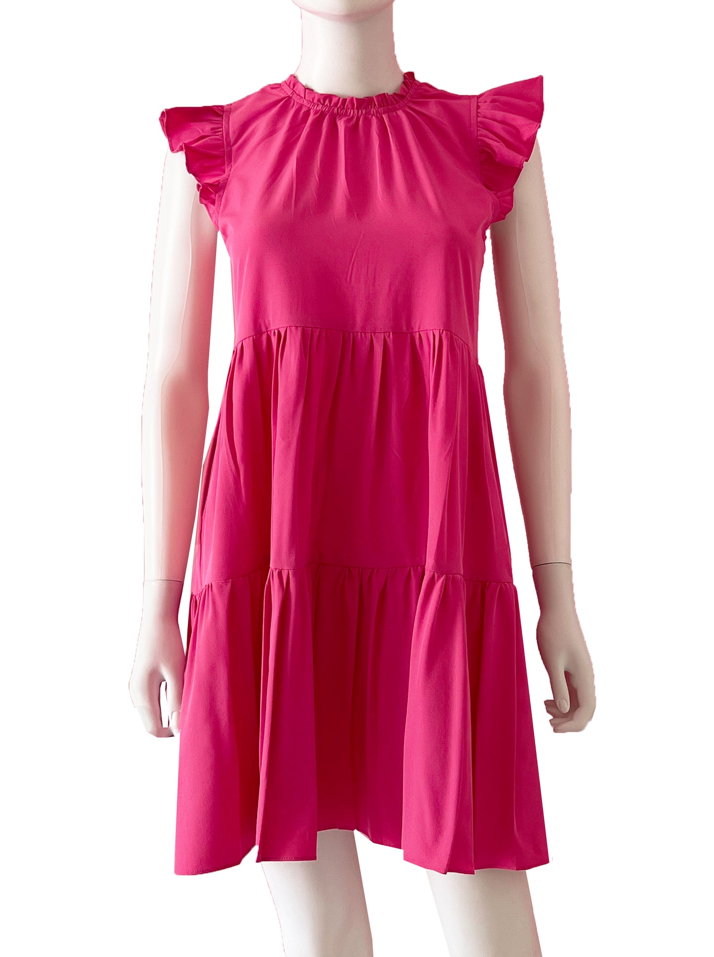 Vestido corto volantes fucsia.