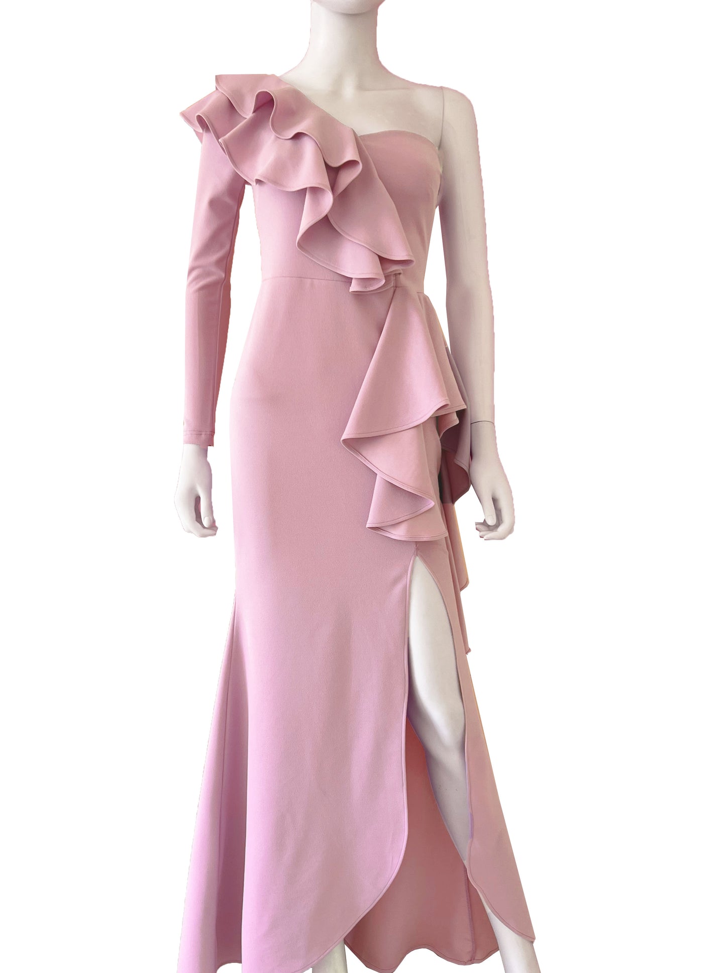 Vestido una manga con volantes rosa palo.
