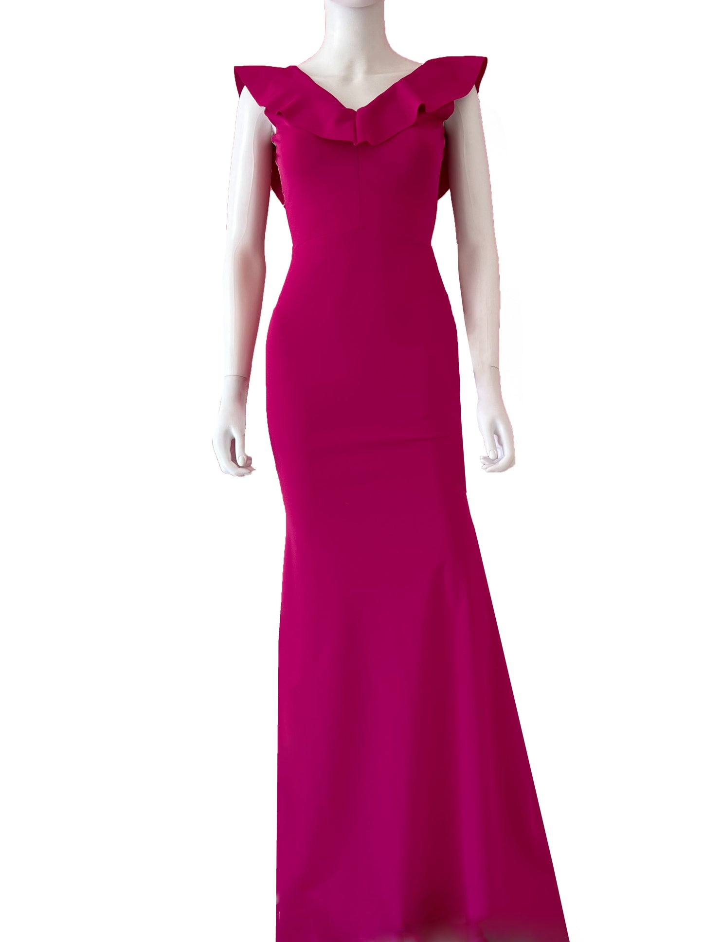 Vestido en V escarolas traseras rosa.