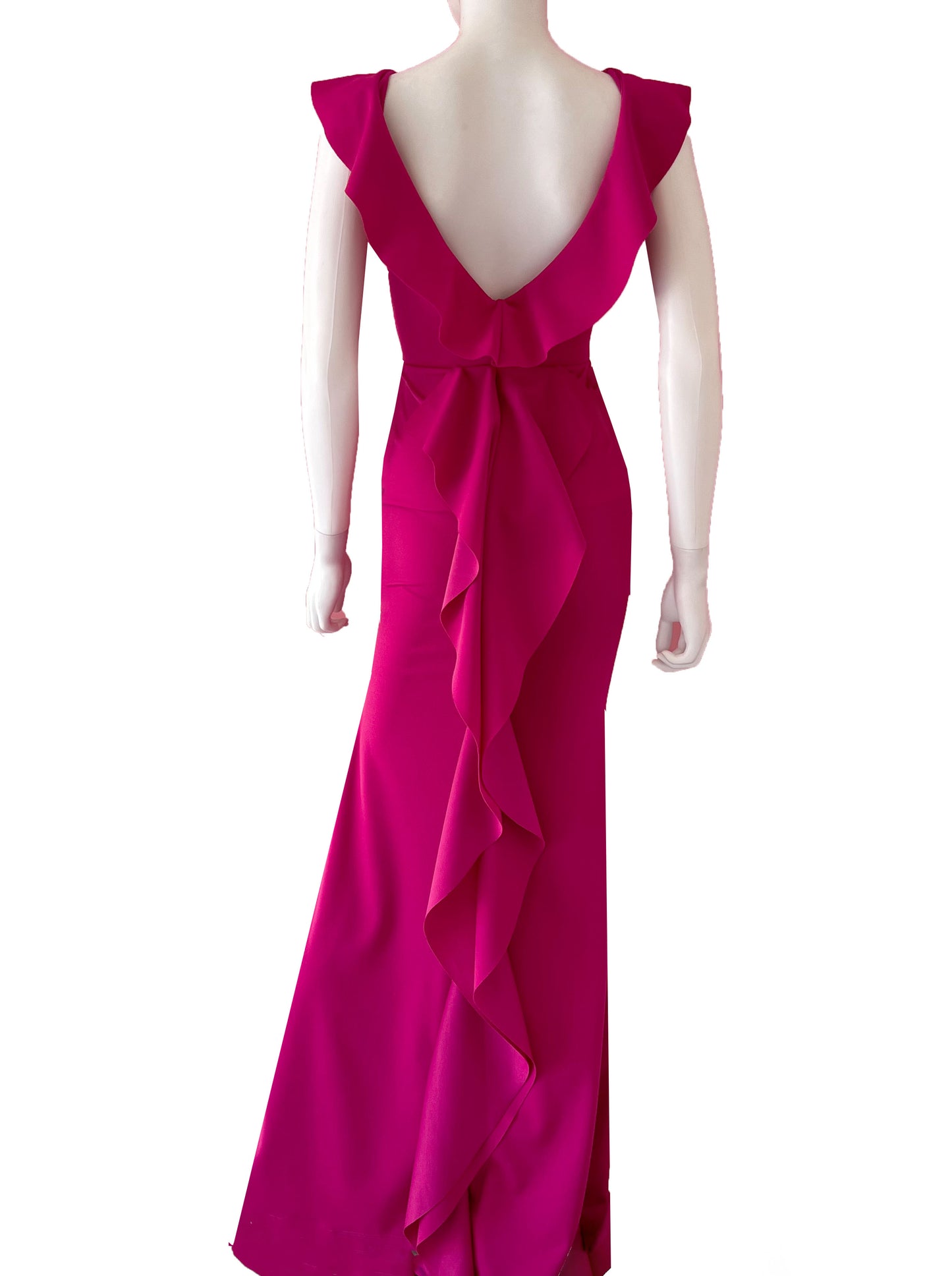 Vestido en V escarolas traseras rosa.