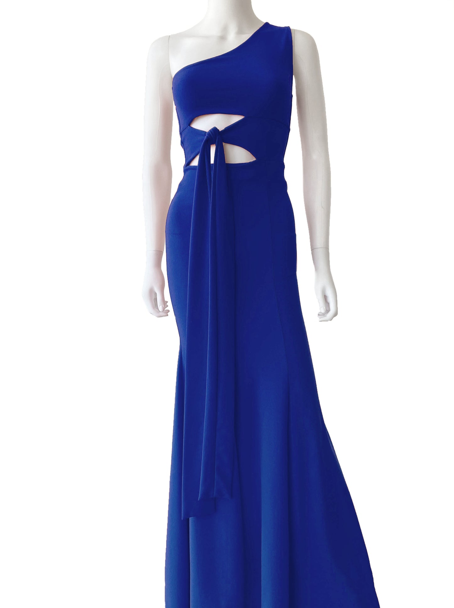 Vestido un hombro nudo en cintura azul rey.
