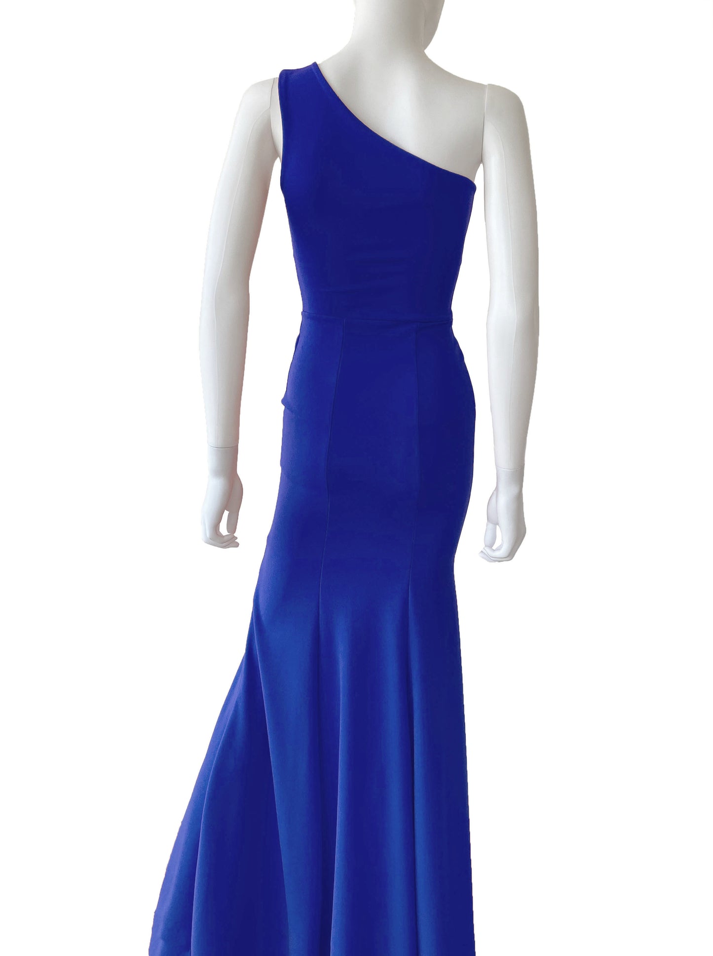 Vestido un hombro nudo en cintura azul rey.