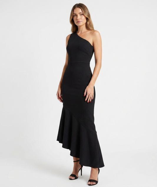 Vestido midi un hombro falda asimétrica negro