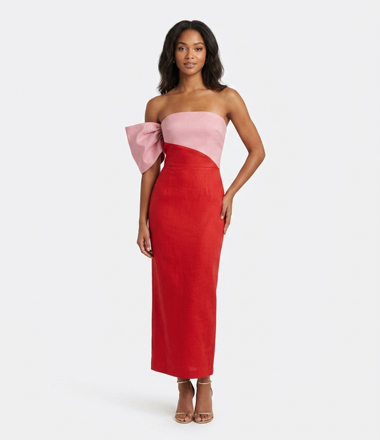 Vestido midi moño en brazo falda recta bicolor