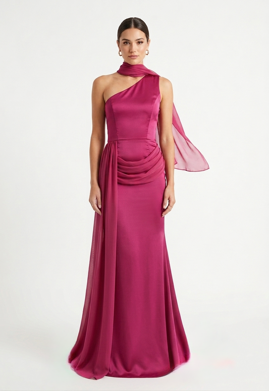 Vestido un hombro con piezas shiffón