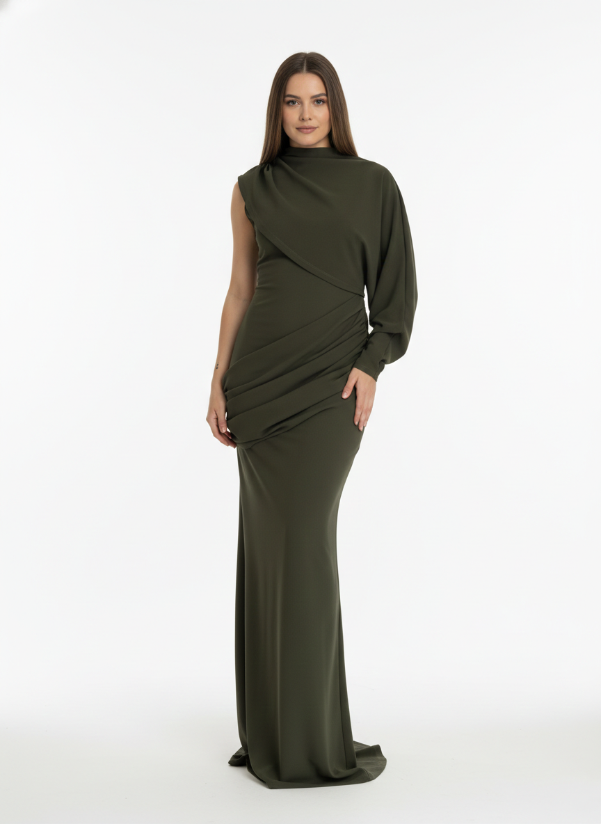 Vestido una manga larga plisados olivo