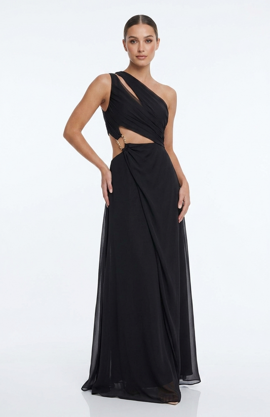 Vestido un hombro  y cout out en cintura negro