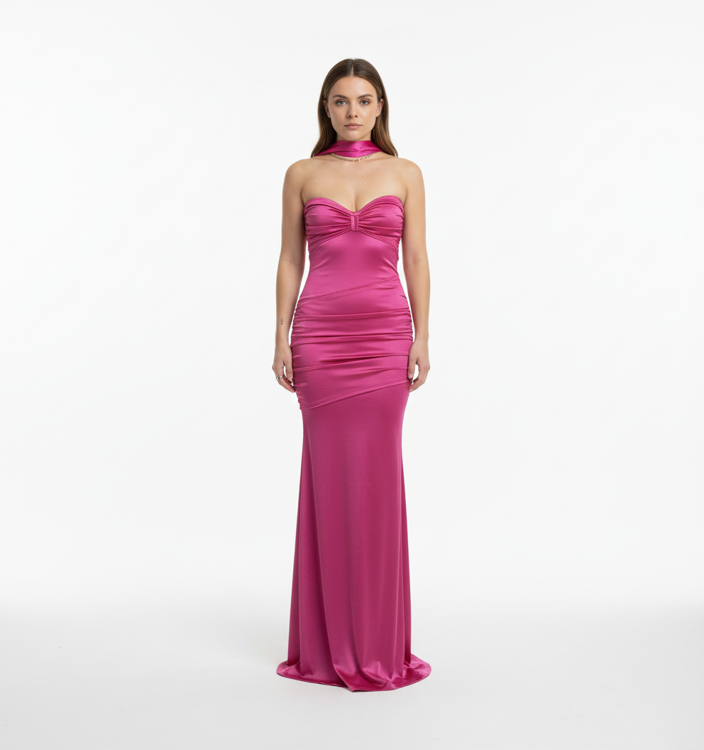 Vestido drapeado rosa mexicano
