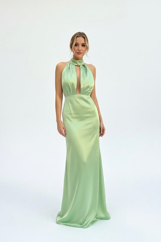 Vestido halter satén pistache