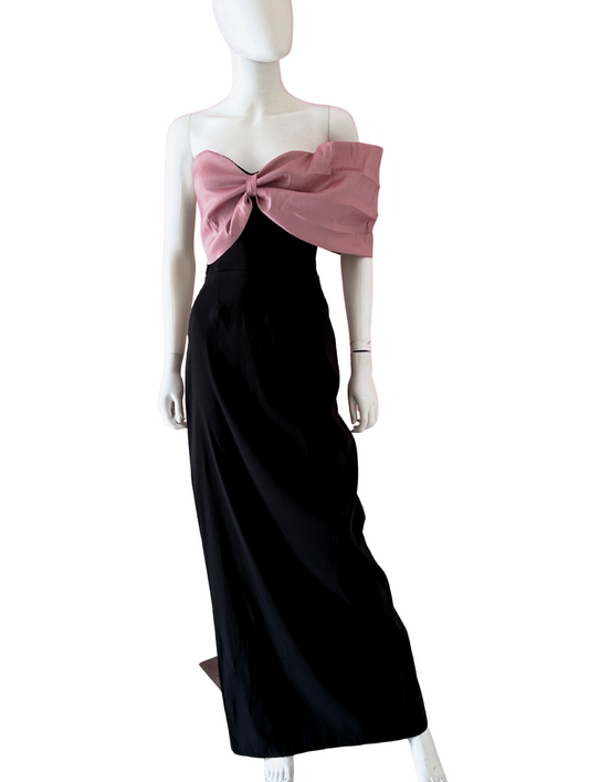 Vestido moño en manga plisada negro/rosa