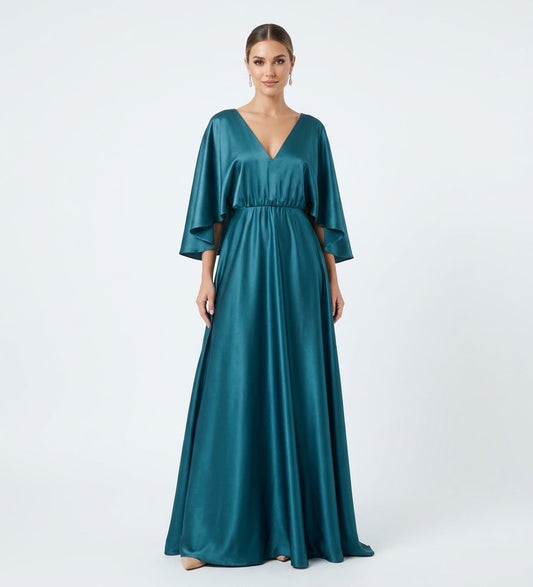 Vestido mangas mariposa azul petróleo
